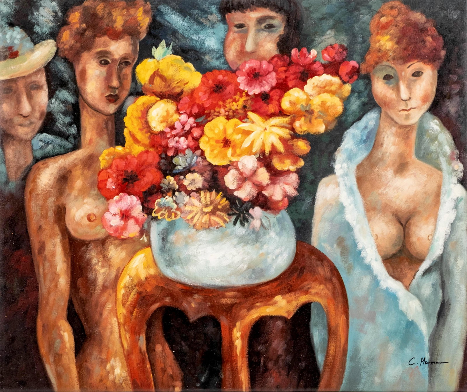 No Reserve: Carole Hermann, Women with a Bouquet, Signed Oil on Canvas: Keywords: female figures, women and flowers, Modernist movement, Postwar figurative art, Expressionist influence, Contemporary realism, Abstract modernism, School of Paris tradition, floral still life