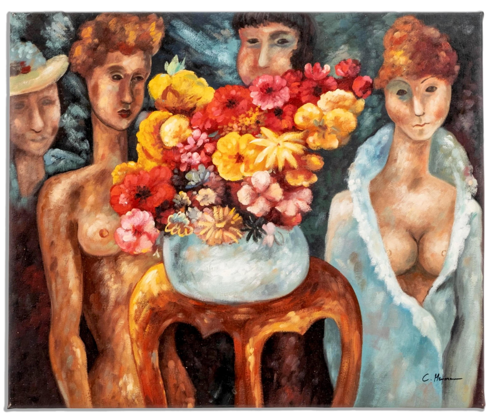 No Reserve: Carole Hermann, Women with a Bouquet, Signed Oil on Canvas - 3