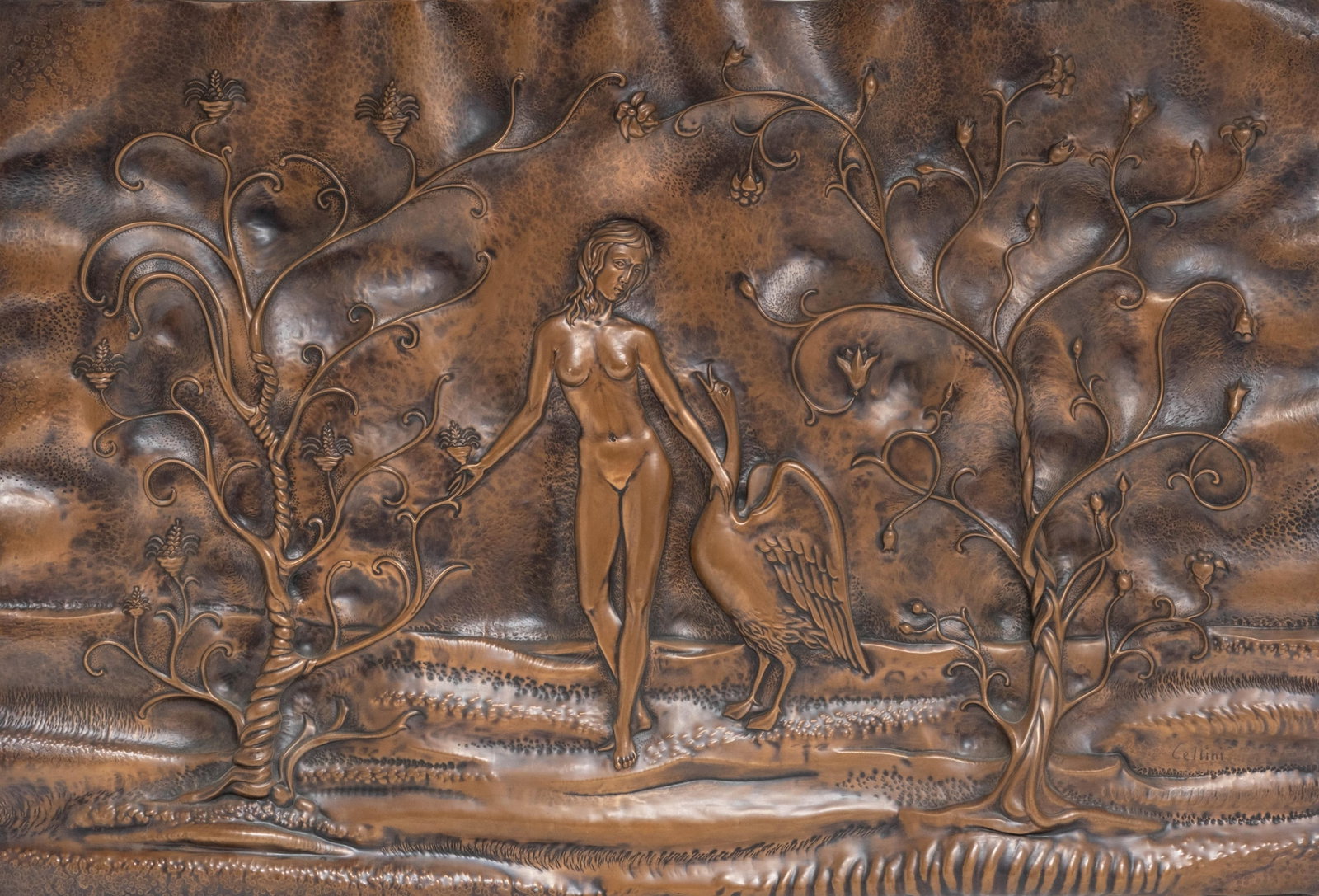 No Reserve: Studio Cellini Art Nouveau Repousse Italian Copper Relief Sculpture, Leda and the Swan - 3