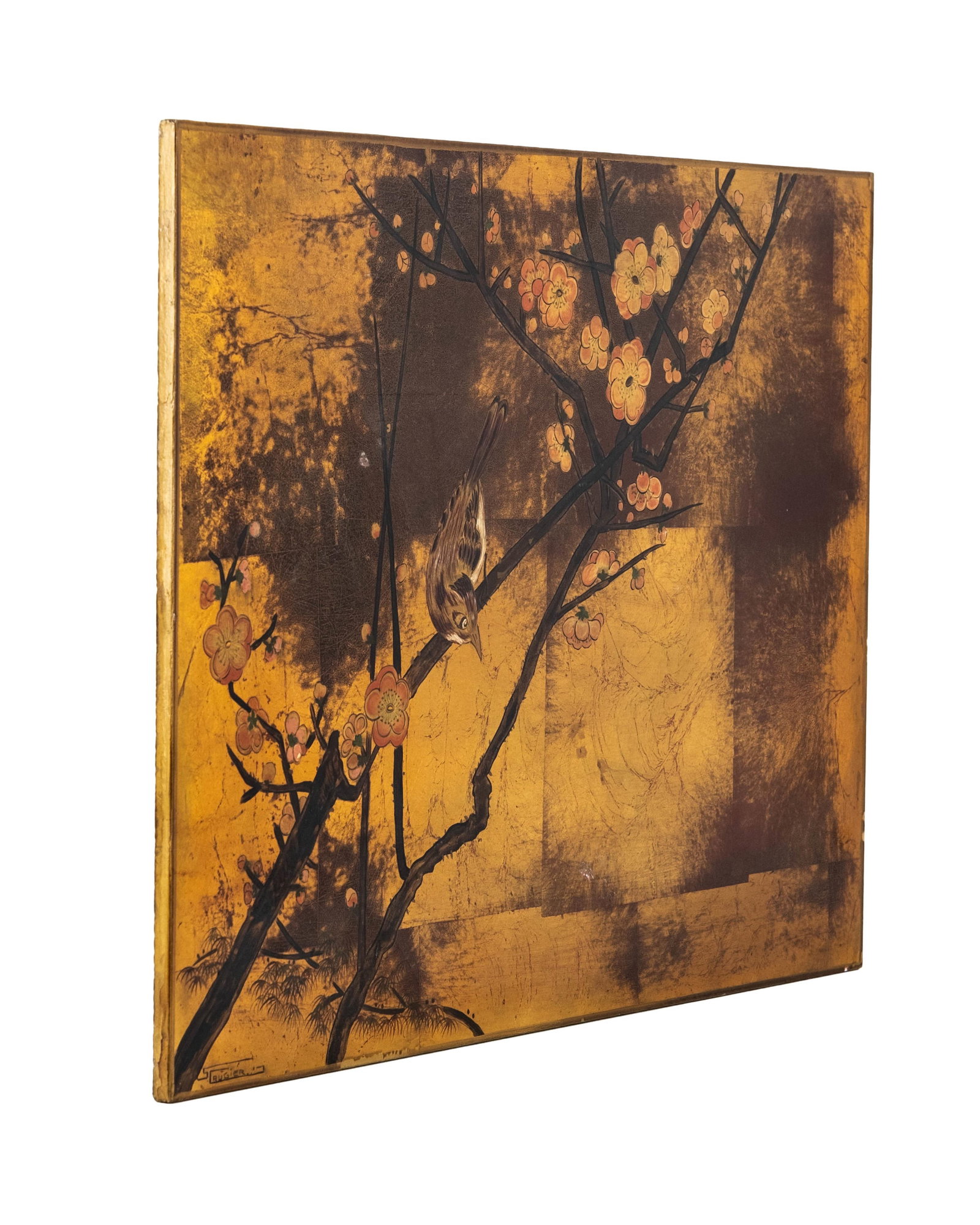 No Reserve: Signed French Lacquer Painting on Panel With Bird and Blossoms - 10