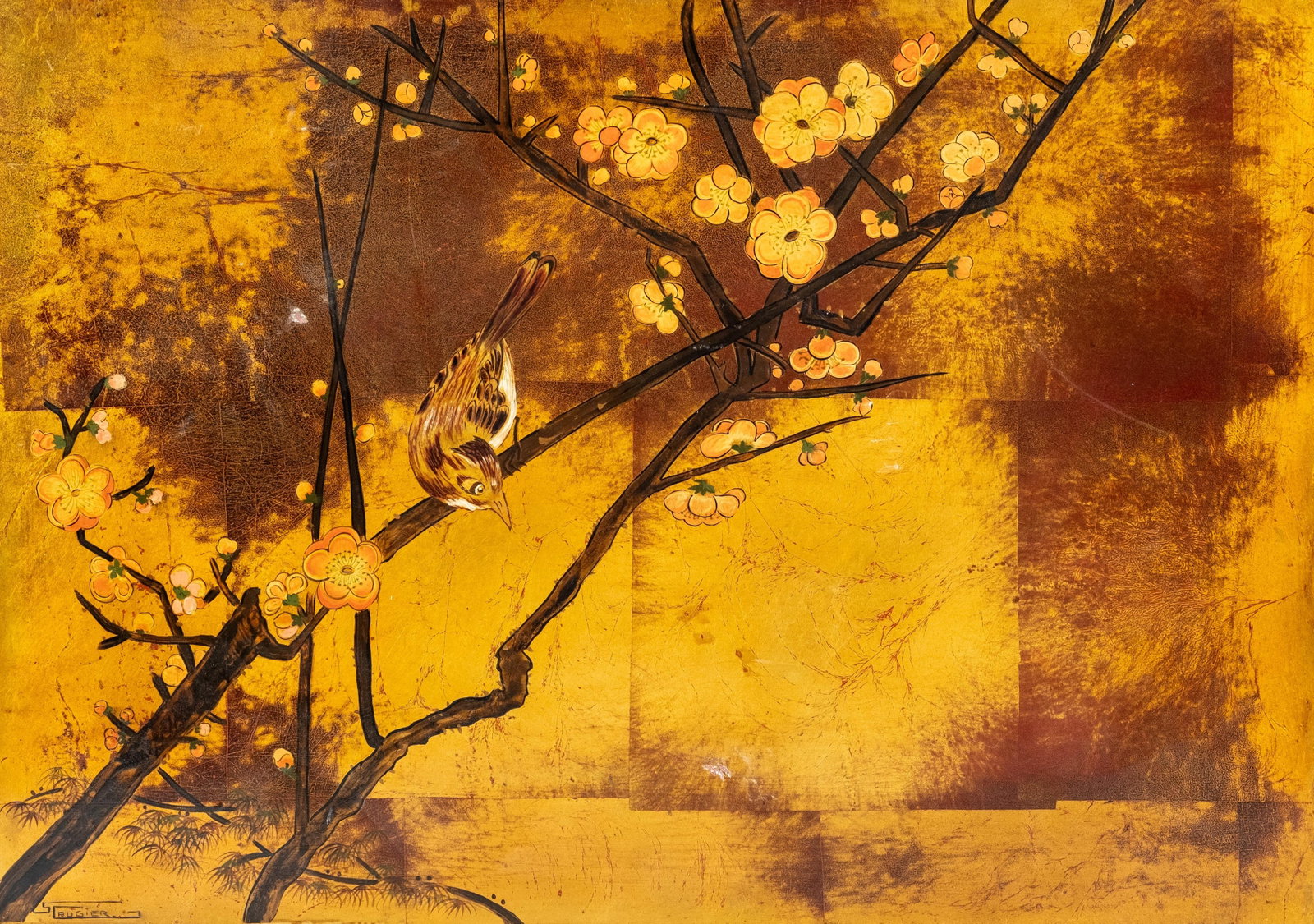 No Reserve: Signed French Lacquer Painting on Panel With Bird and Blossoms (1 of 11)