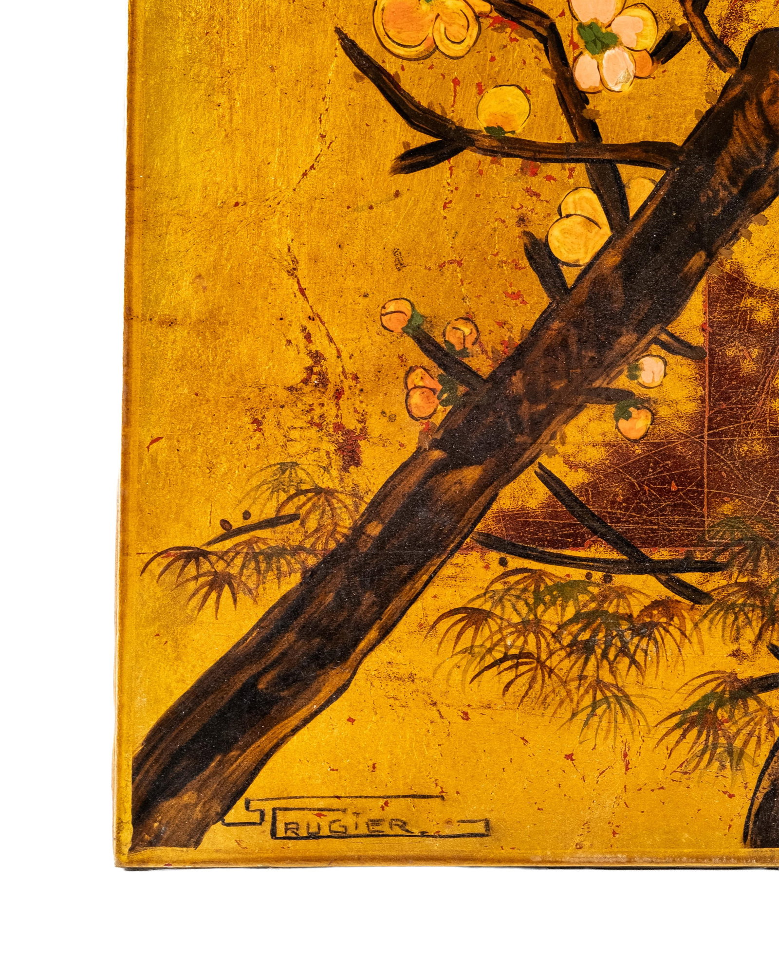 No Reserve: Signed French Lacquer Painting on Panel With Bird and Blossoms - 5