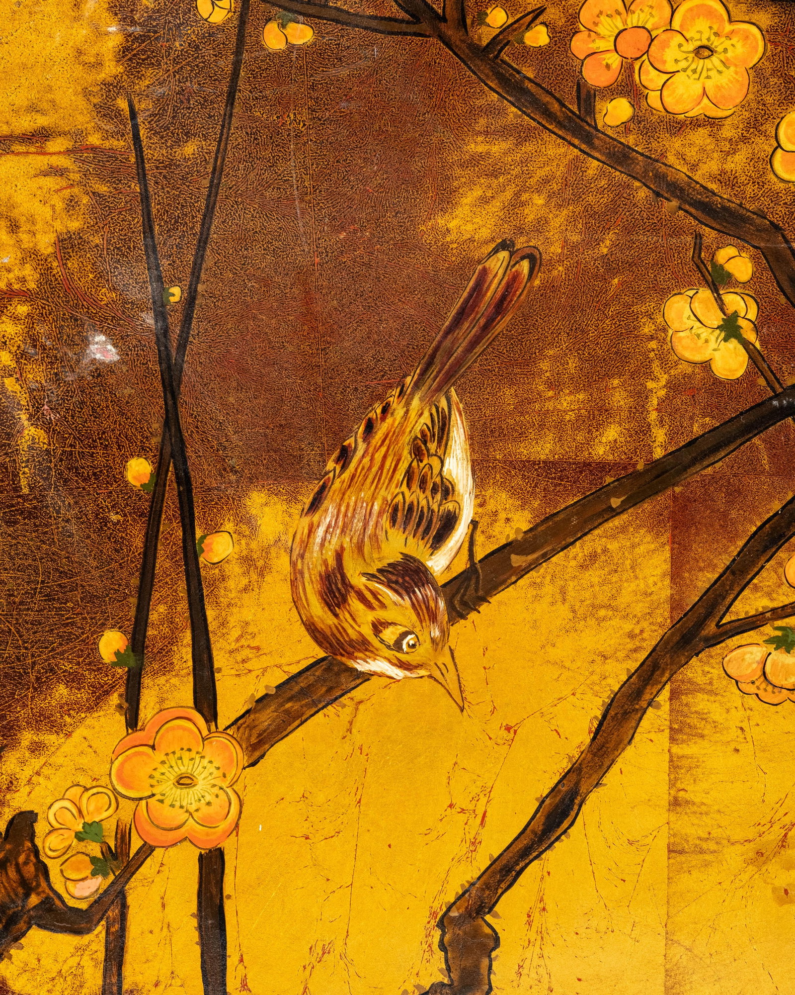 No Reserve: Signed French Lacquer Painting on Panel With Bird and Blossoms - 7