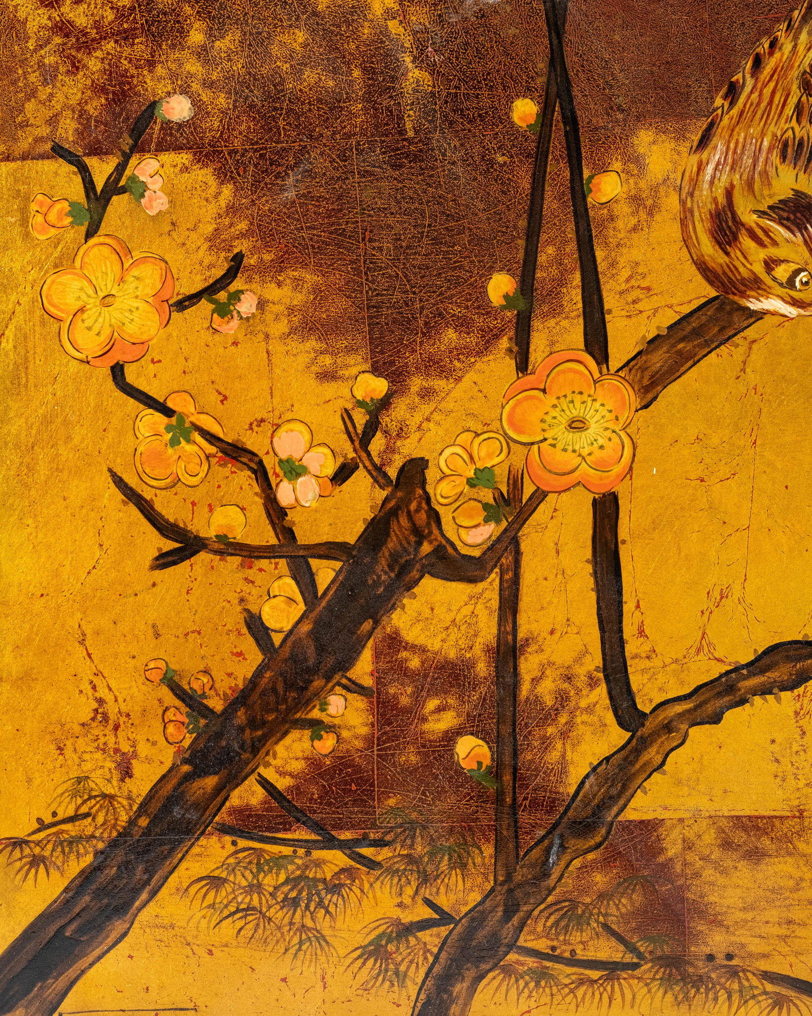 No Reserve: Signed French Lacquer Painting on Panel With Bird and Blossoms - 8
