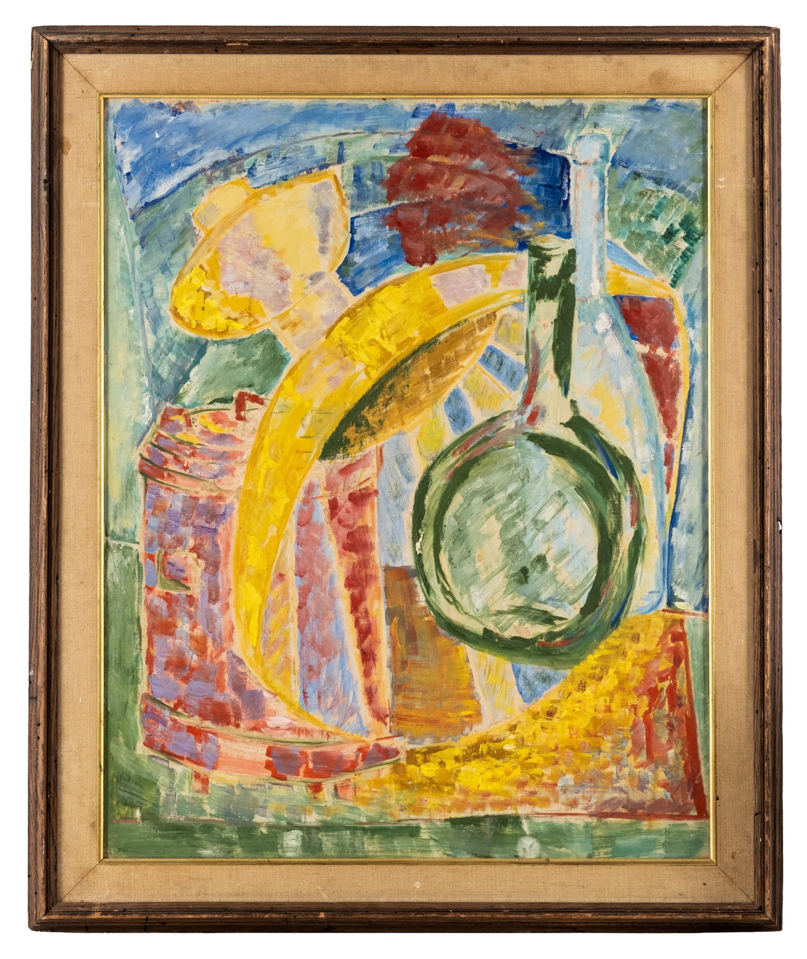 No Reserve: Modernist Abstract Still Life Oil On Board Painting: Keywords: colorist, fruit, bottle, table, expressive, mid century, avant garde, geometric, framed, decorative art, interior, modernism Summary: Modernist abstract still life oil on board painting depi