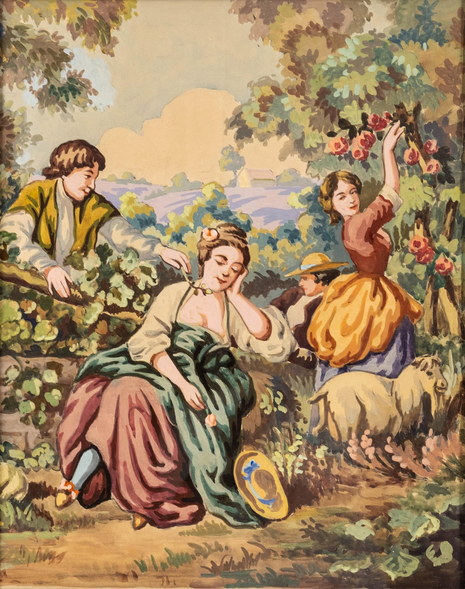 No Reserve: French School late 19th Century Pastoral Figural Gouache and Watercolor Painting - 2