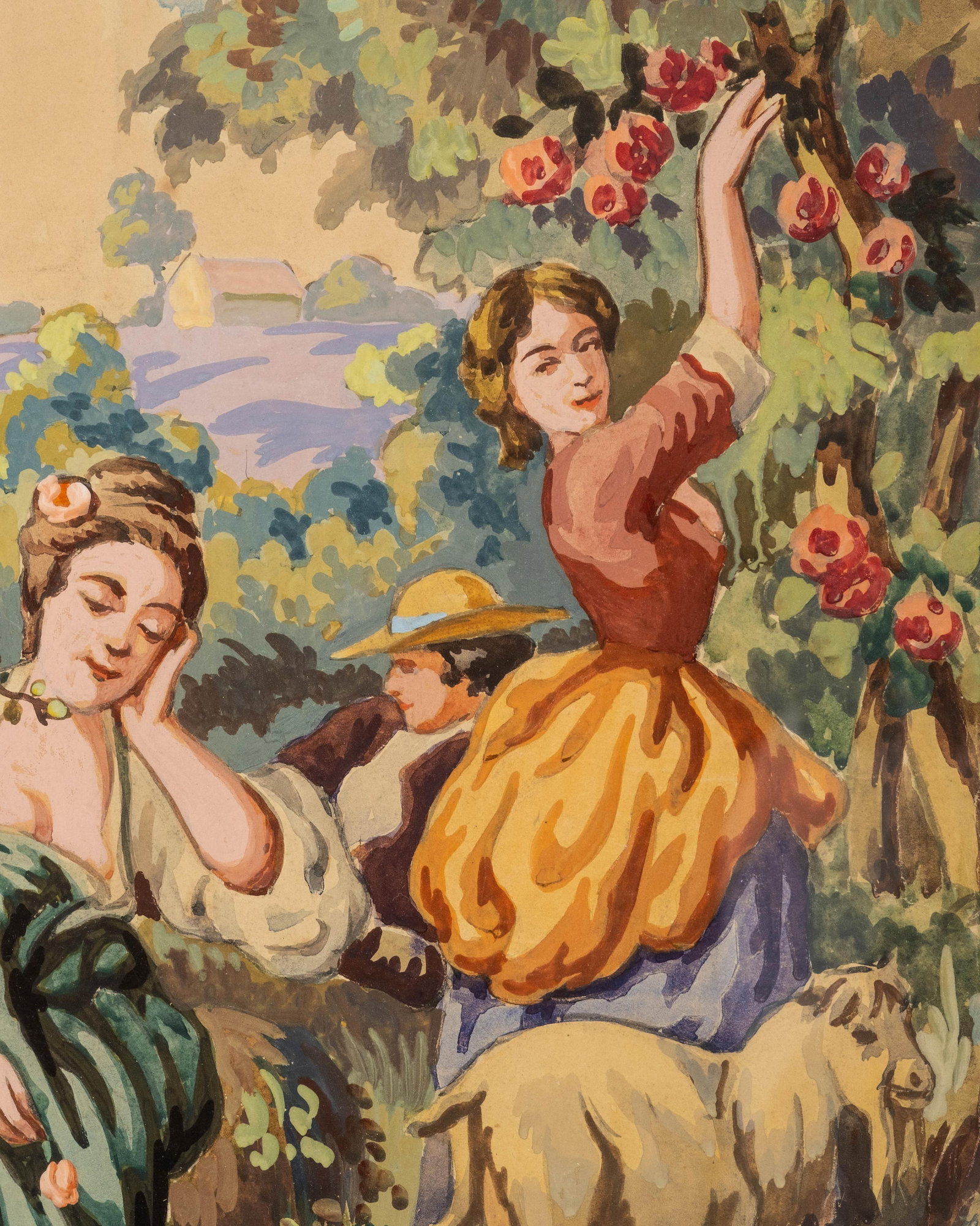 No Reserve: French School late 19th Century Pastoral Figural Gouache and Watercolor Painting - 6