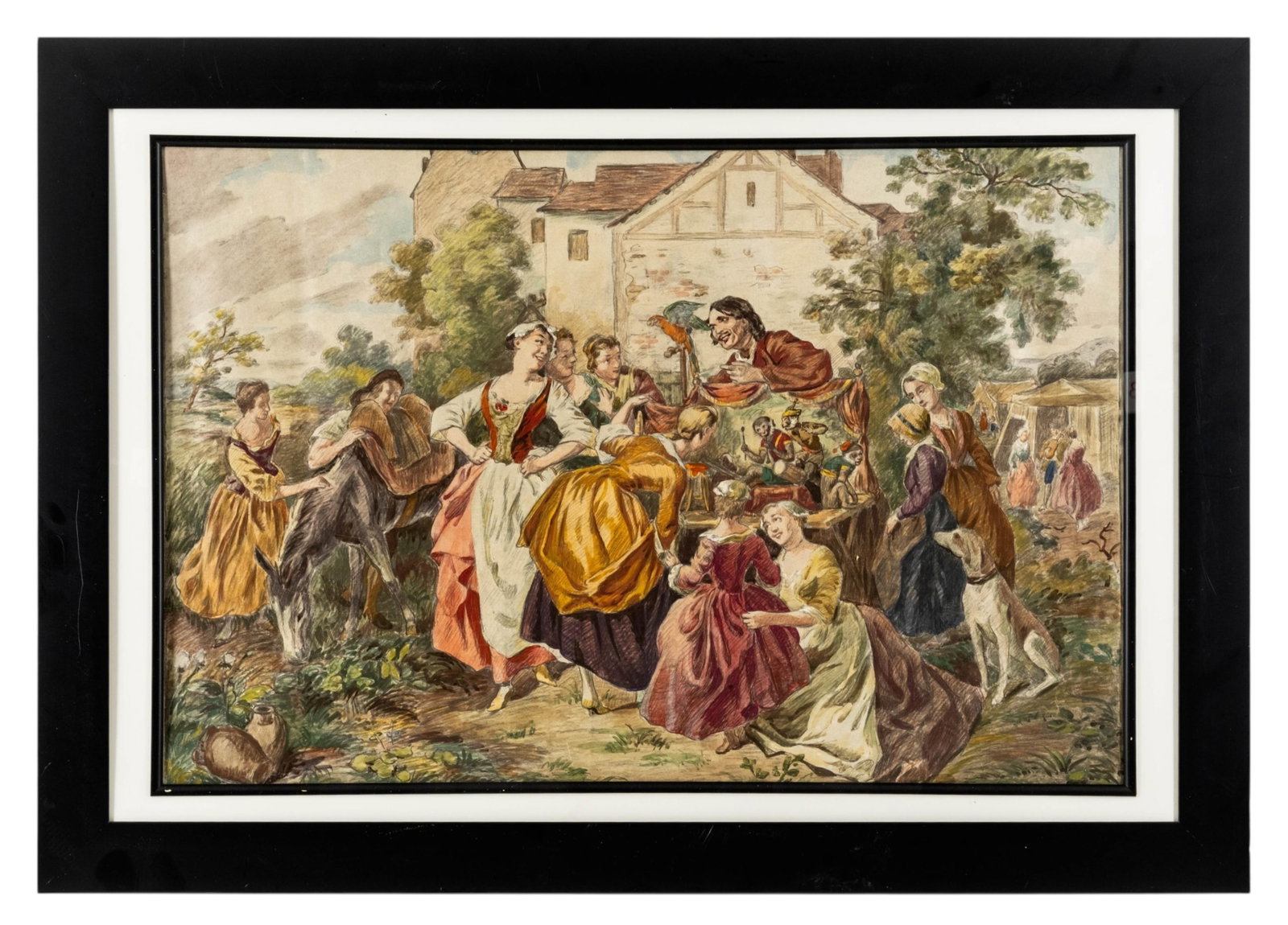 No Reserve: Large French Watercolor Painting of Outdoor Festive Gathering with Puppet Show, Paris (1 of 8)