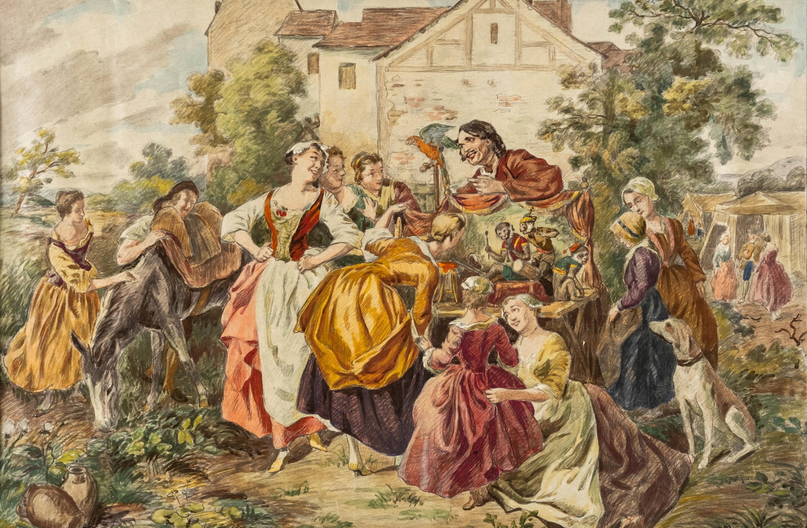 No Reserve: Large French Watercolor Painting of Outdoor Festive Gathering with Puppet Show, Paris - 2