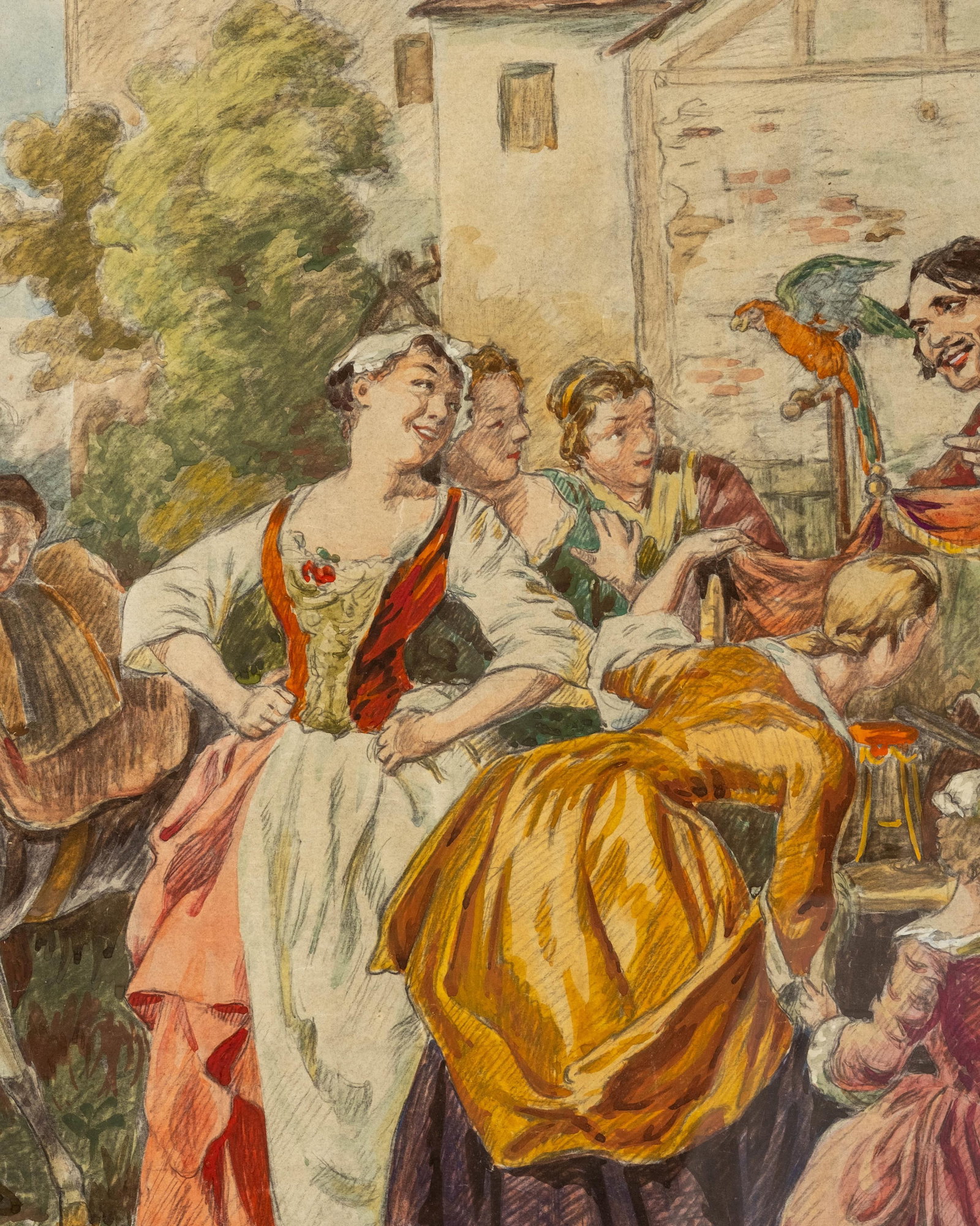 No Reserve: Large French Watercolor Painting of Outdoor Festive Gathering with Puppet Show, Paris - 5