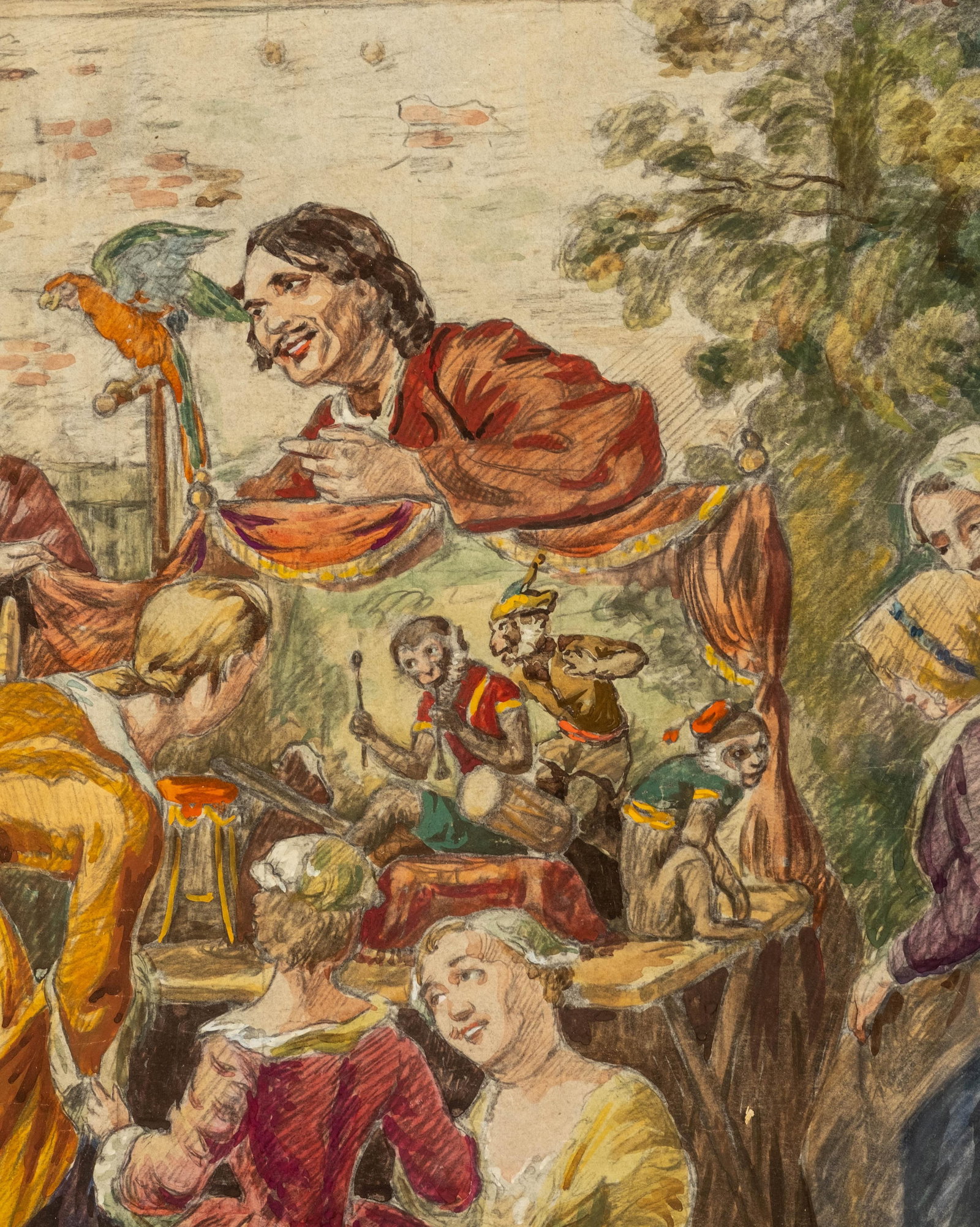 No Reserve: Large French Watercolor Painting of Outdoor Festive Gathering with Puppet Show, Paris - 6