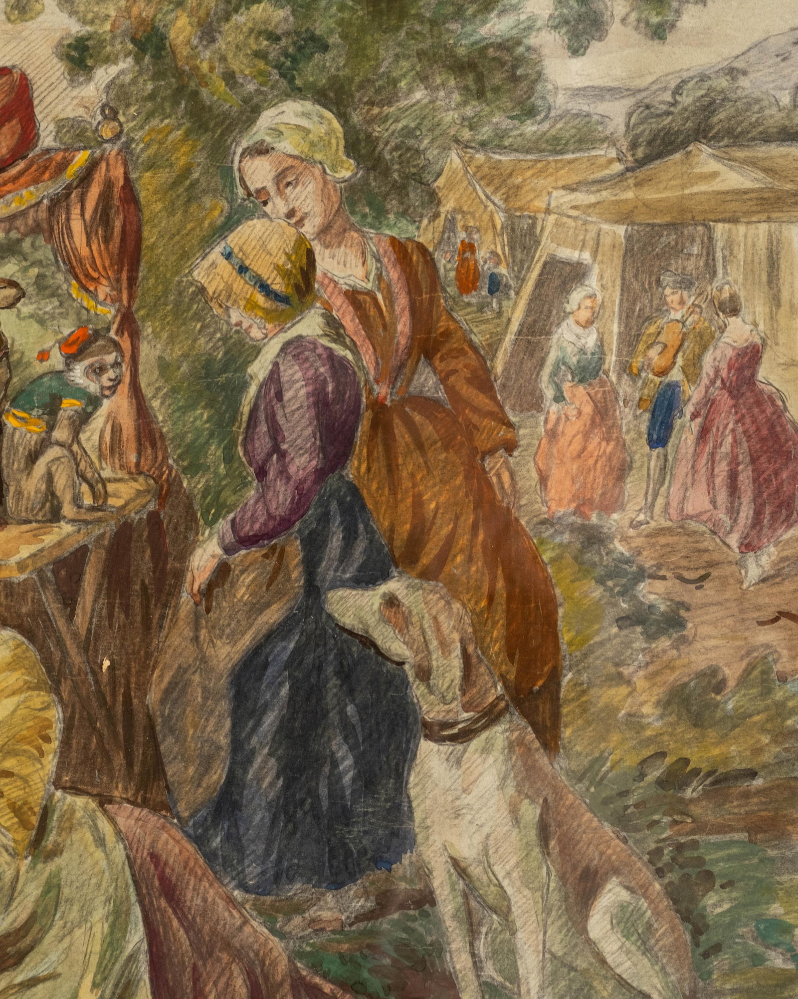 No Reserve: Large French Watercolor Painting of Outdoor Festive Gathering with Puppet Show, Paris - 7