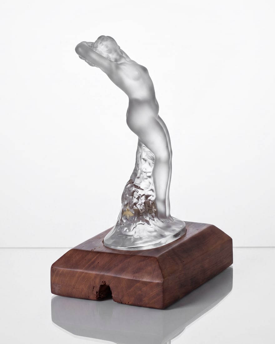 Lalique France 'Danseuse' Molded Crystal Figure on Wood Base, Signed: Keywords: Lalique, French Crystal, Art Glass, Danseuse, Dancer, Female Figure, Figurine, Sculpture, Frosted Crystal, Pressed Crystal, Decorative Arts, French Design, Collectible Glass Summary: Lalique