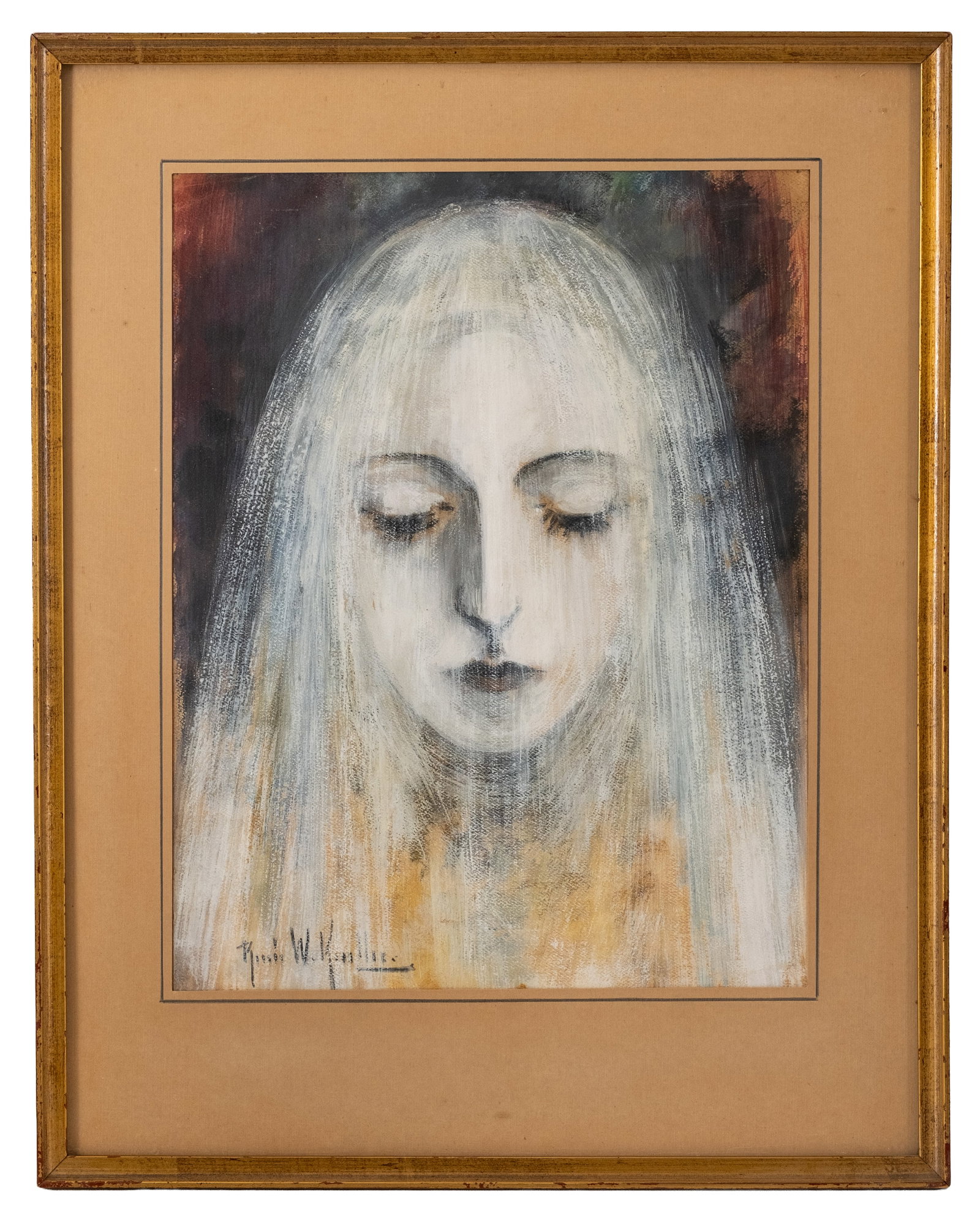 No Reserve: Signed Symbolist Female Portrait Oil Painting, 'Angel': Keywords: Symbolism, Symbolist, Female Portrait, Woman, Angel, Madonna, Devotional, Spiritual, Mystical, Ethereal, Figurative Art, Modernist, European School, Religious Art, Portraiture Summary: Signe