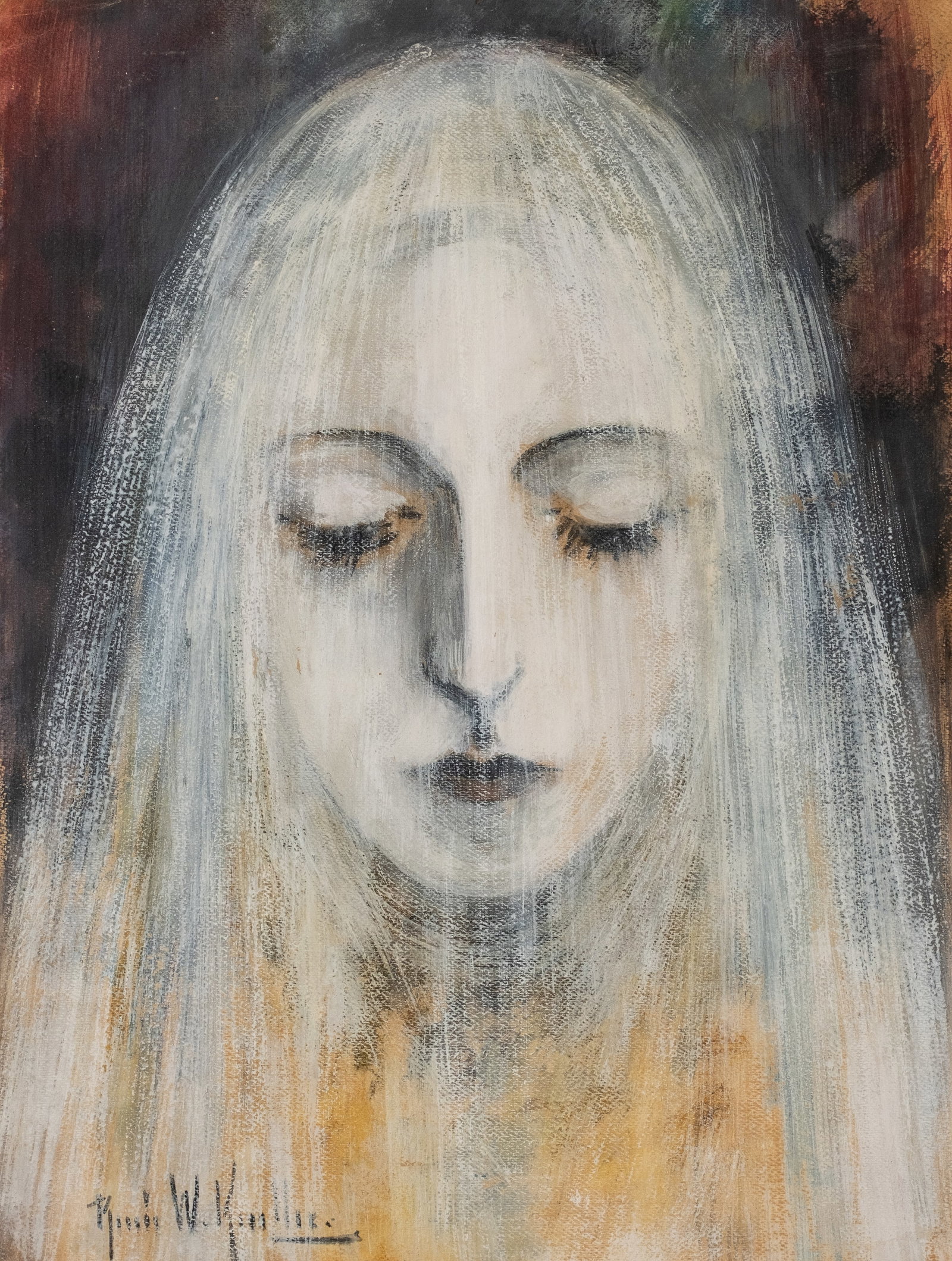 No Reserve: Signed Symbolist Female Portrait Oil Painting, 'Angel' - 2