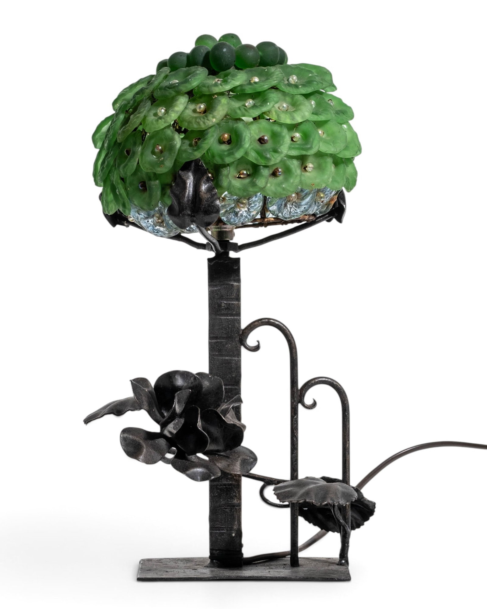 No Reserve: Art Deco Wrought Iron and Green Glass Floral Table Lamp, C. 1935 (1 of 6)