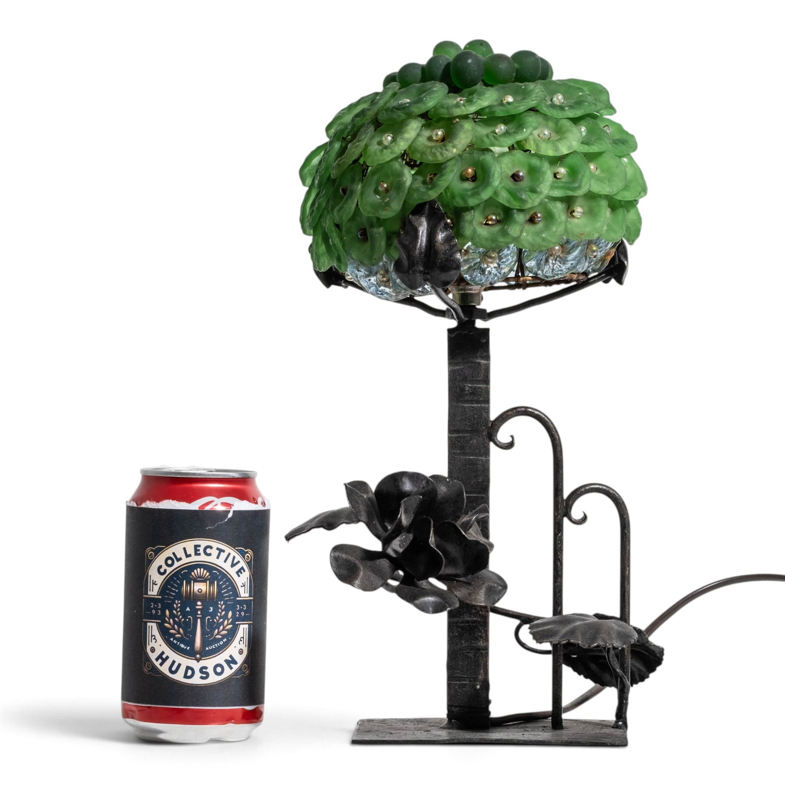 No Reserve: Art Deco Wrought Iron and Green Glass Floral Table Lamp, C. 1935 - 2