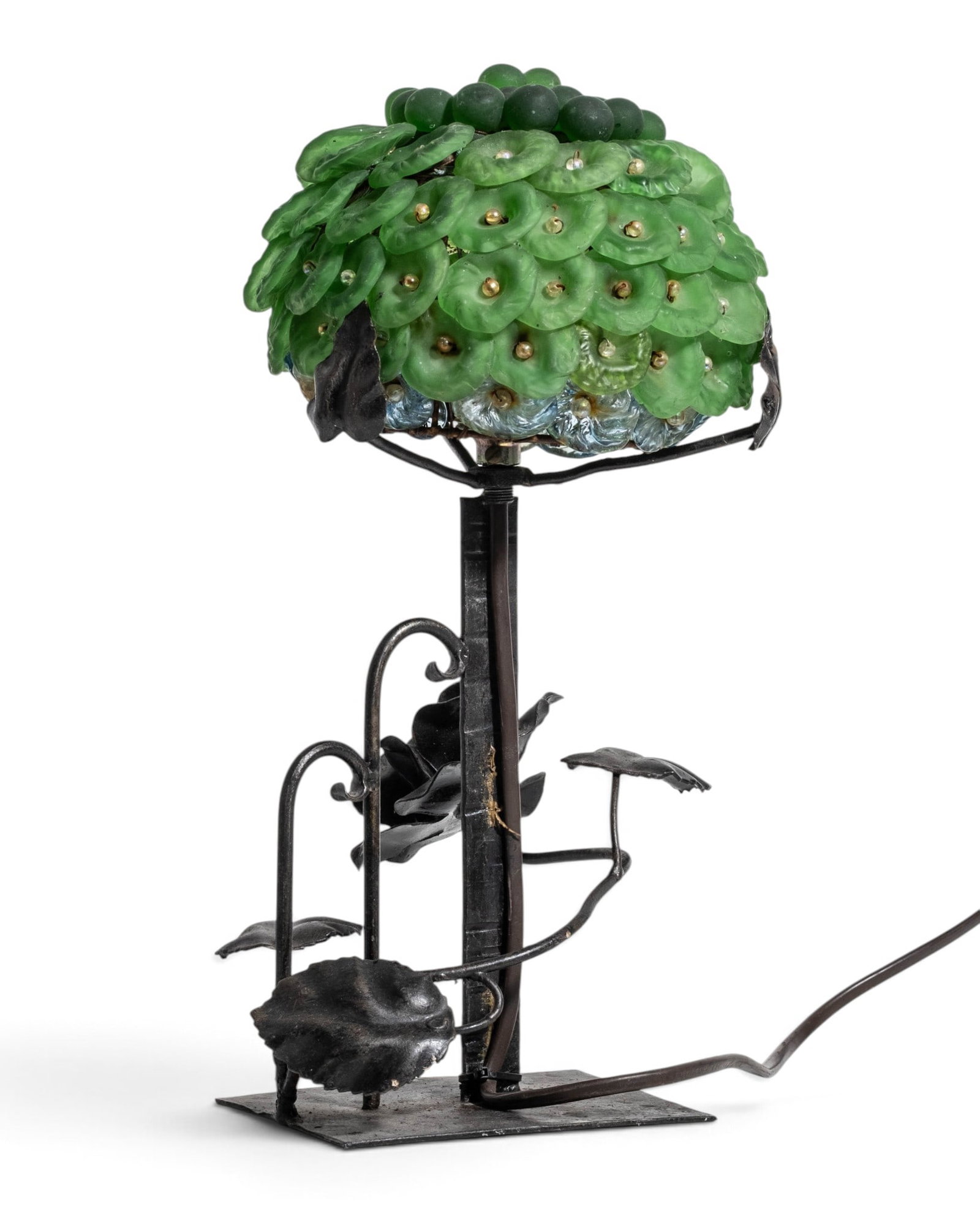 No Reserve: Art Deco Wrought Iron and Green Glass Floral Table Lamp, C. 1935 - 5