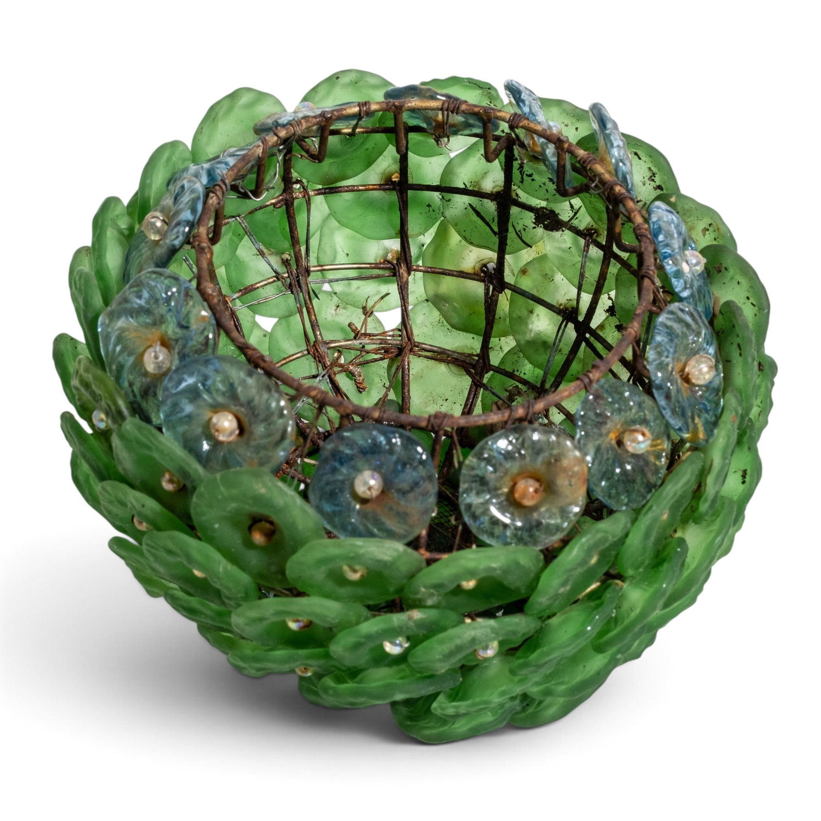 No Reserve: Art Deco Wrought Iron and Green Glass Floral Table Lamp, C. 1935 - 6