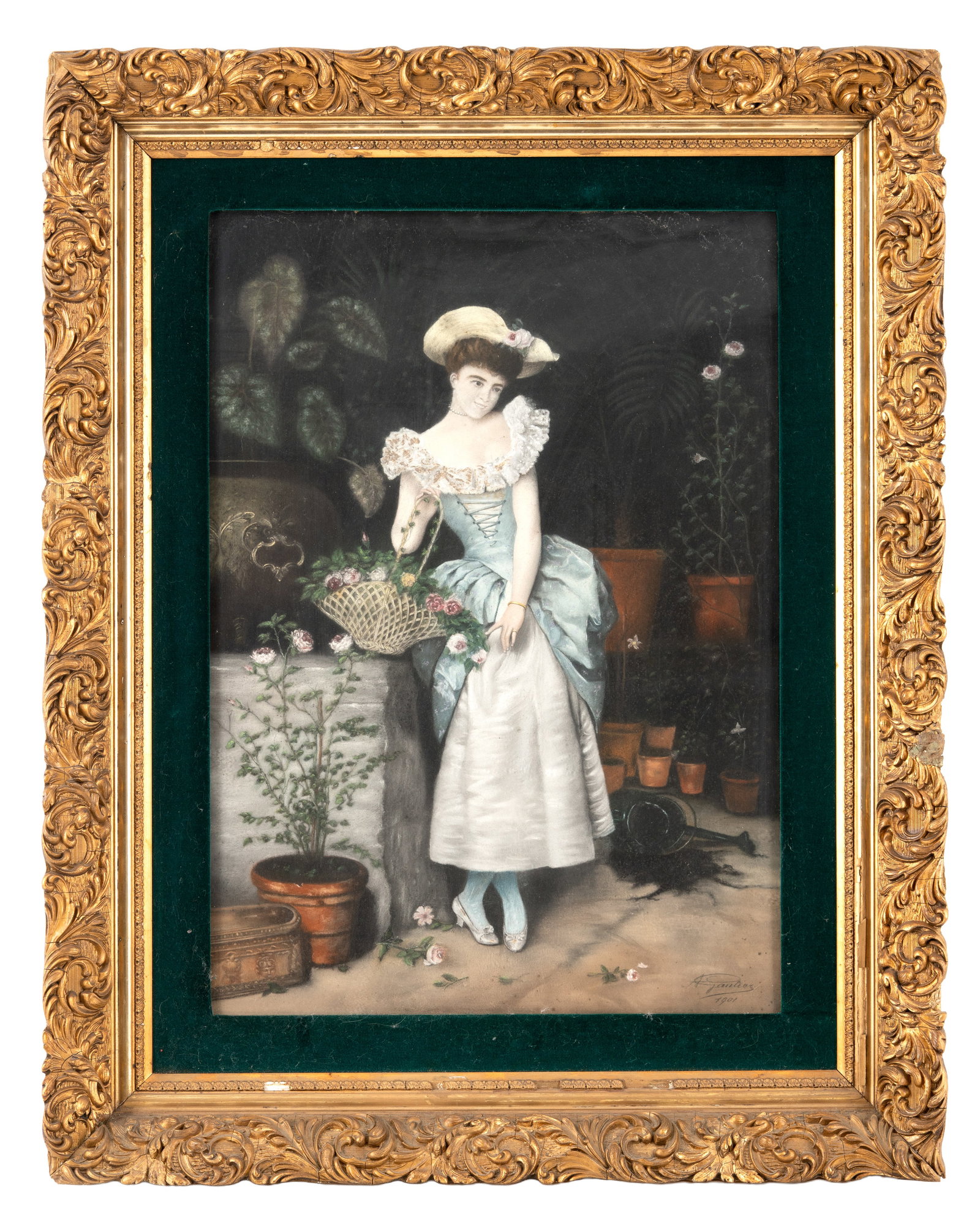 No Reserve: A. Gautier Signed 1901 'Elegant Lady with a Basket of Flowers' Pastel Painting: Keywords: French School, Belle Époque, Edwardian, Figurative Art, Portrait, Garden Scene, Elegant Woman, Flower Basket, Floral, Period Costume, Turn Of The Century, Pastel On Paper, French Art, Giltw