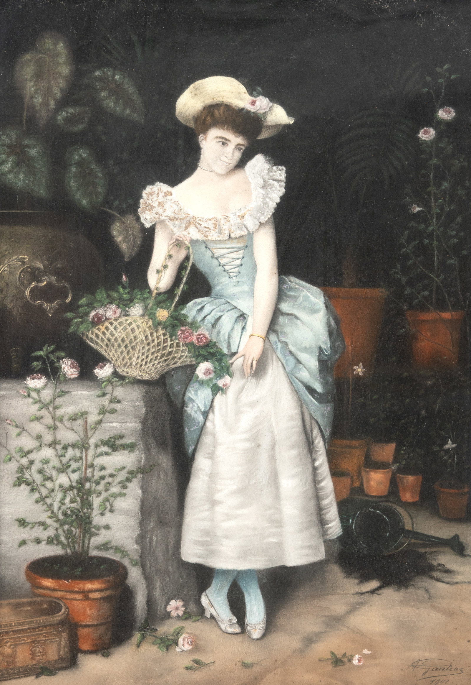 No Reserve: A. Gautier Signed 1901 'Elegant Lady with a Basket of Flowers' Pastel Painting - 4
