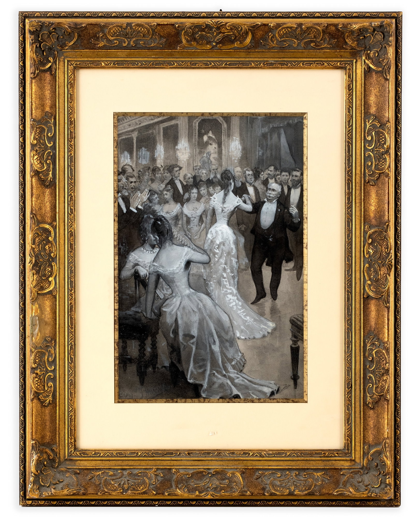 French School Late 19th-Early 20th Century Ballroom Scene, Signed Gouache & Ink Painting: Keywords: French School, Ballroom, Ball, Society Scene, Parisian, Figurative, Genre Scene, Gouache, Ink Wash, Watercolor, Evening Dress, Formal Attire, Interior, Social Gathering Summary: French Schoo