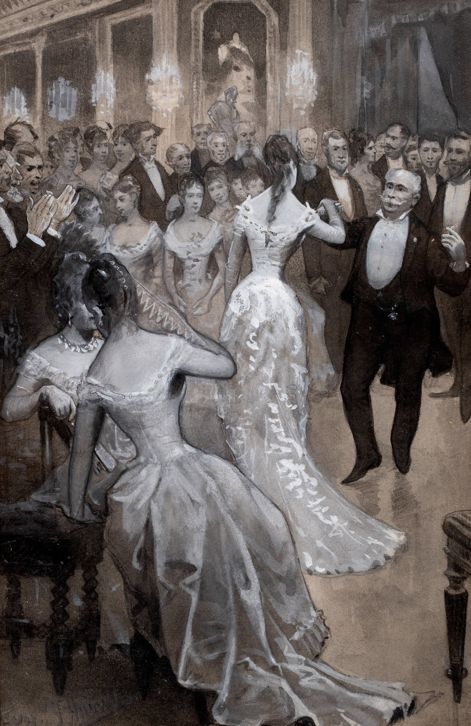 French School Late 19th-Early 20th Century Ballroom Scene, Signed Gouache & Ink Painting - 2