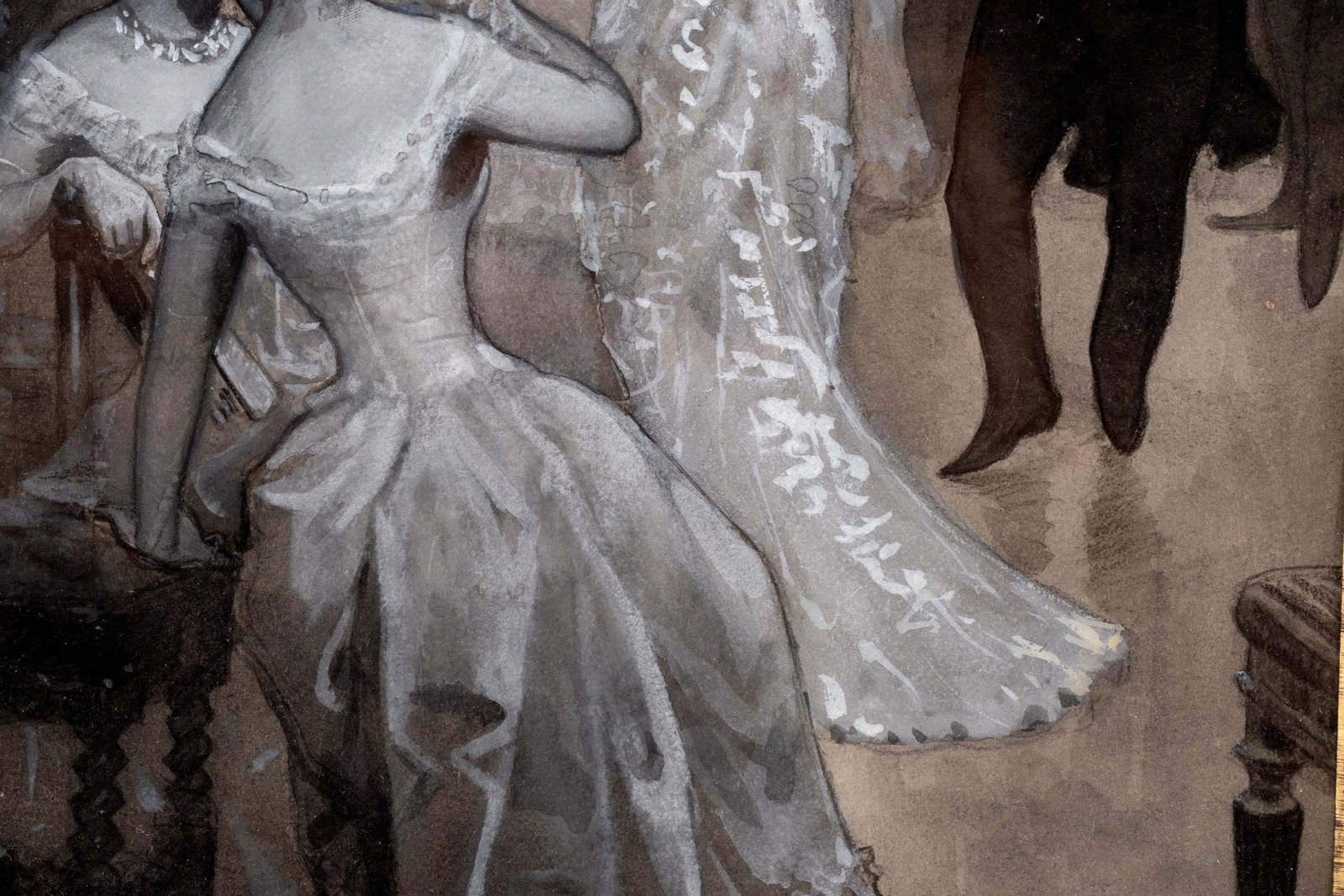 French School Late 19th-Early 20th Century Ballroom Scene, Signed Gouache & Ink Painting - 5