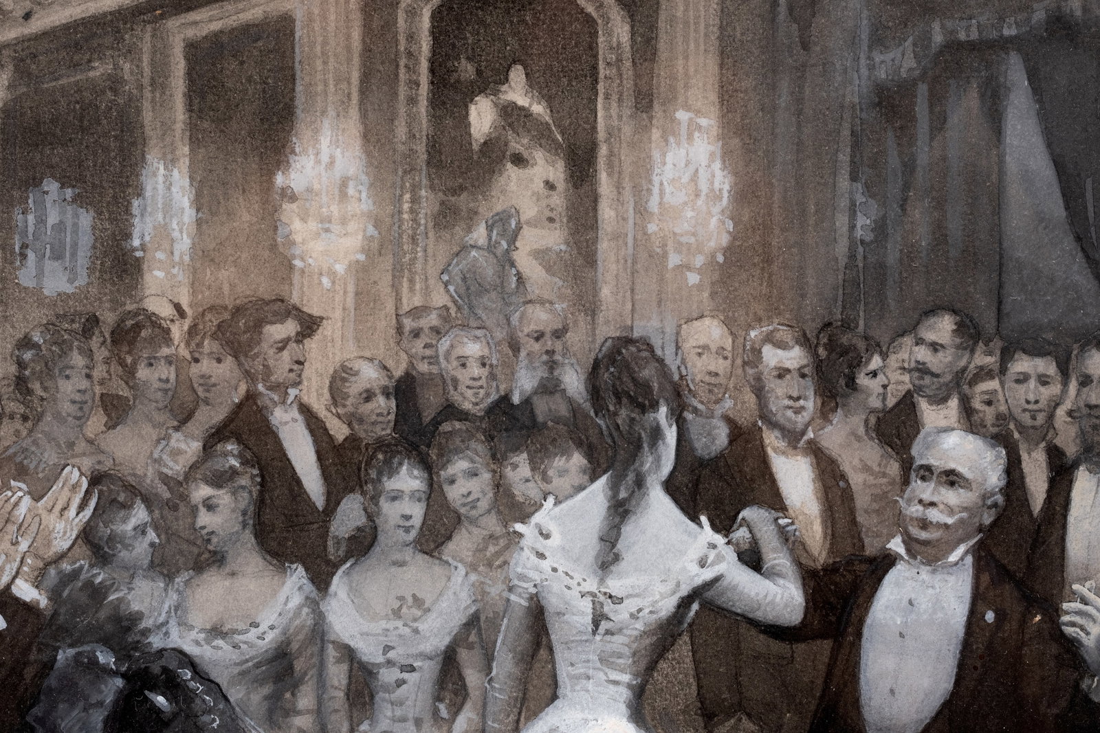 French School Late 19th-Early 20th Century Ballroom Scene, Signed Gouache & Ink Painting - 7