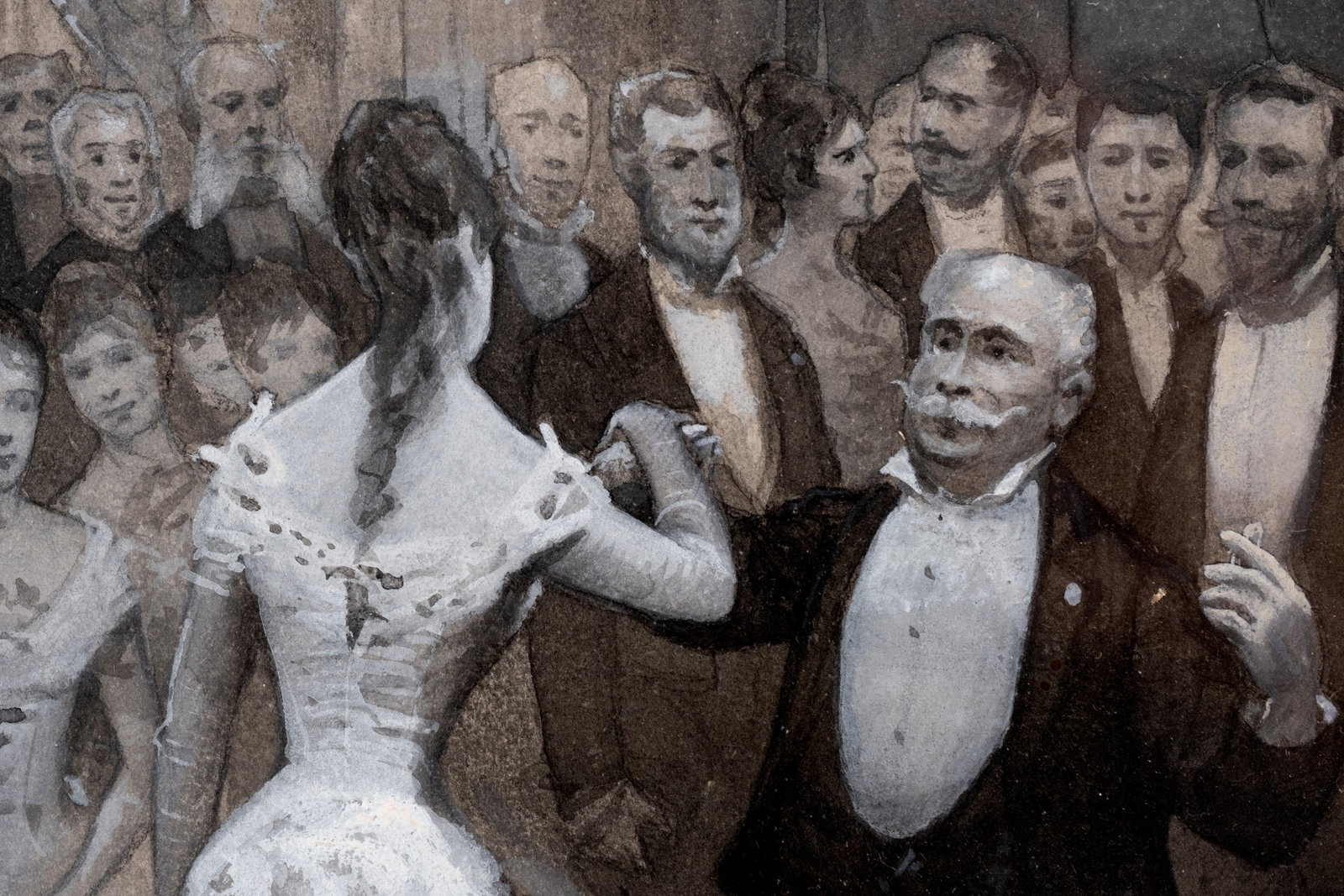 French School Late 19th-Early 20th Century Ballroom Scene, Signed Gouache & Ink Painting - 8