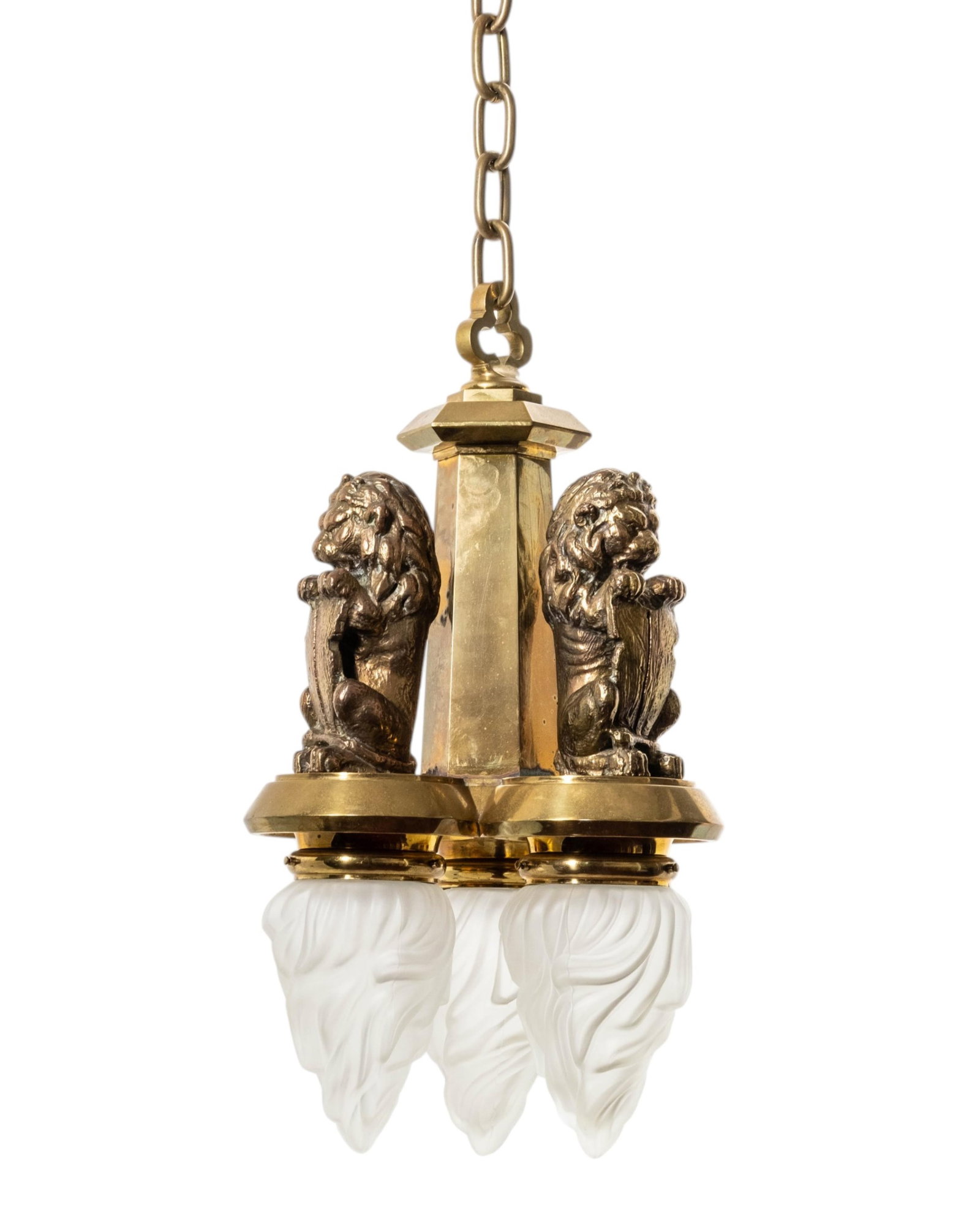 No Reserve: Art Deco Style Brass Lion Chandelier - 3