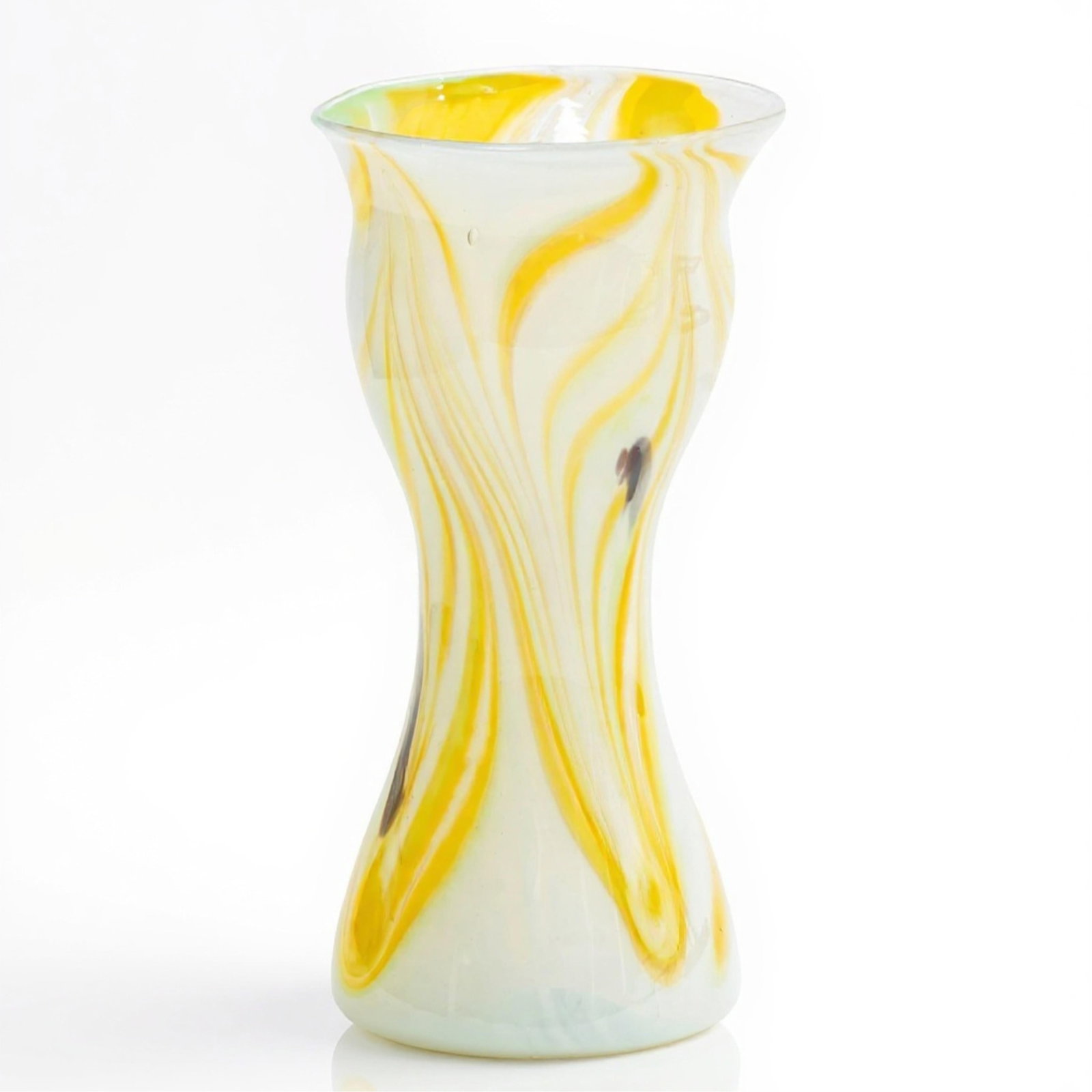 No Reserve: Signed Tiffany Style Studio Art Glass Yellow–White Swirl Vase, Mid 20th Century (1 of 4)