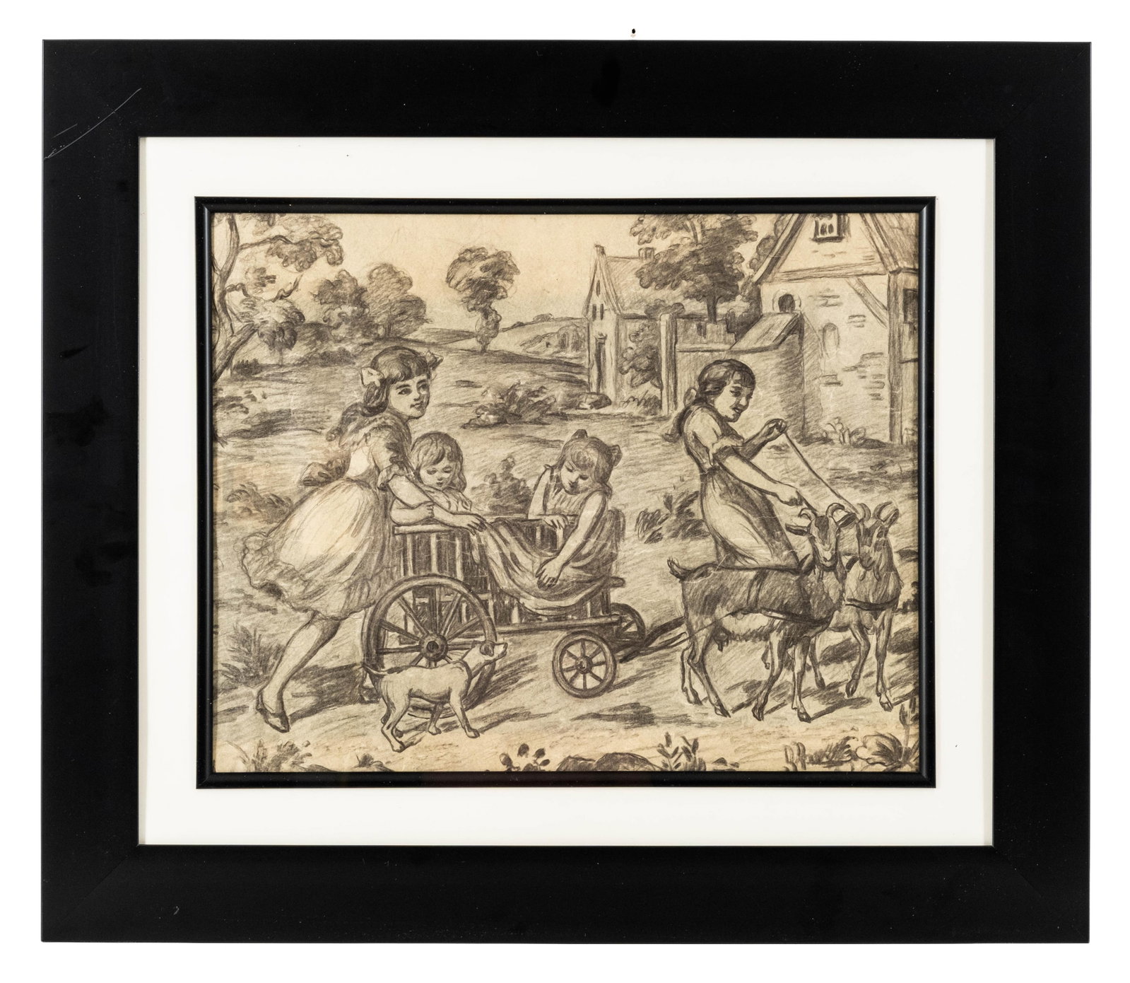 No Reserve: Circa 1900 Children With Goat-Drawn Cart Pencil Drawing, no signature found (1 of 7)