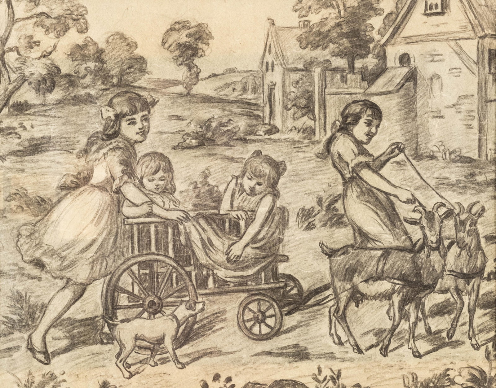 No Reserve: Circa 1900 Children With Goat-Drawn Cart Pencil Drawing, no signature found - 2