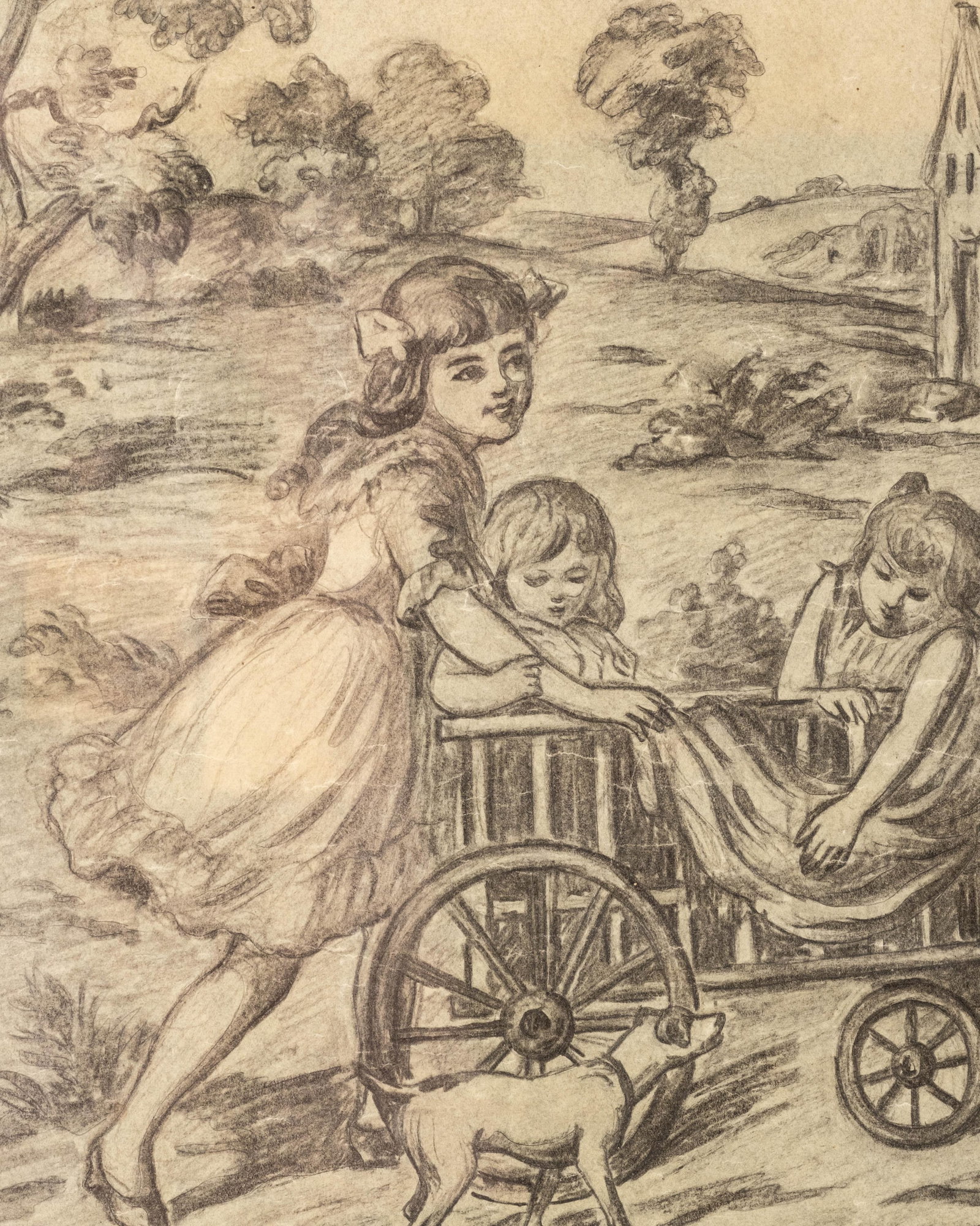 No Reserve: Circa 1900 Children With Goat-Drawn Cart Pencil Drawing, no signature found - 4