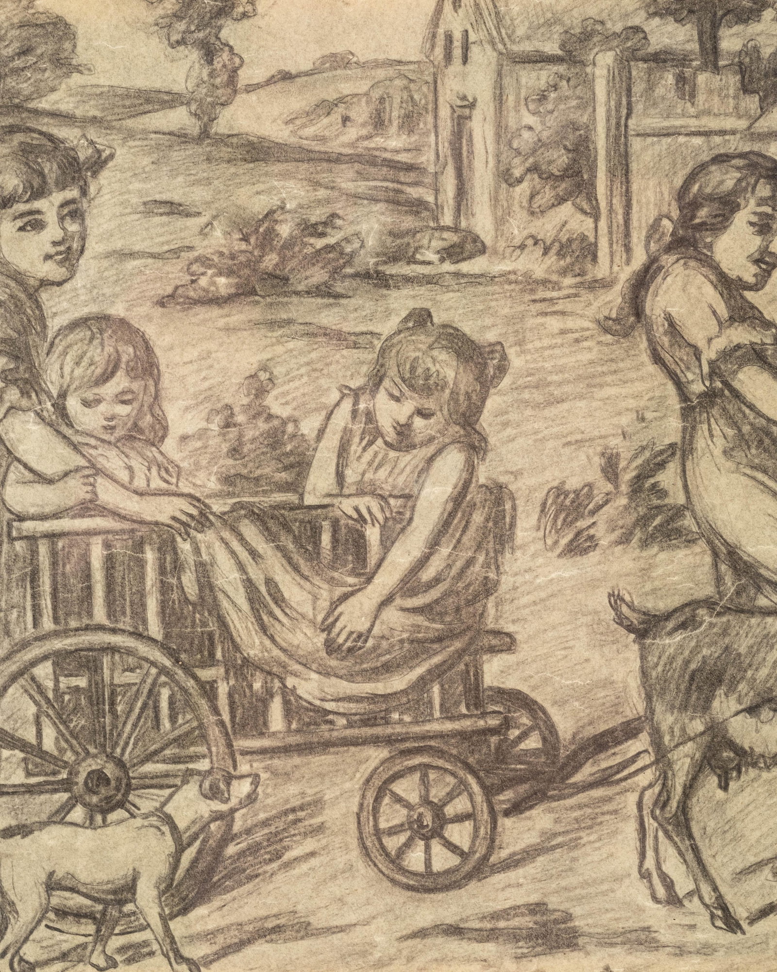 No Reserve: Circa 1900 Children With Goat-Drawn Cart Pencil Drawing, no signature found - 5