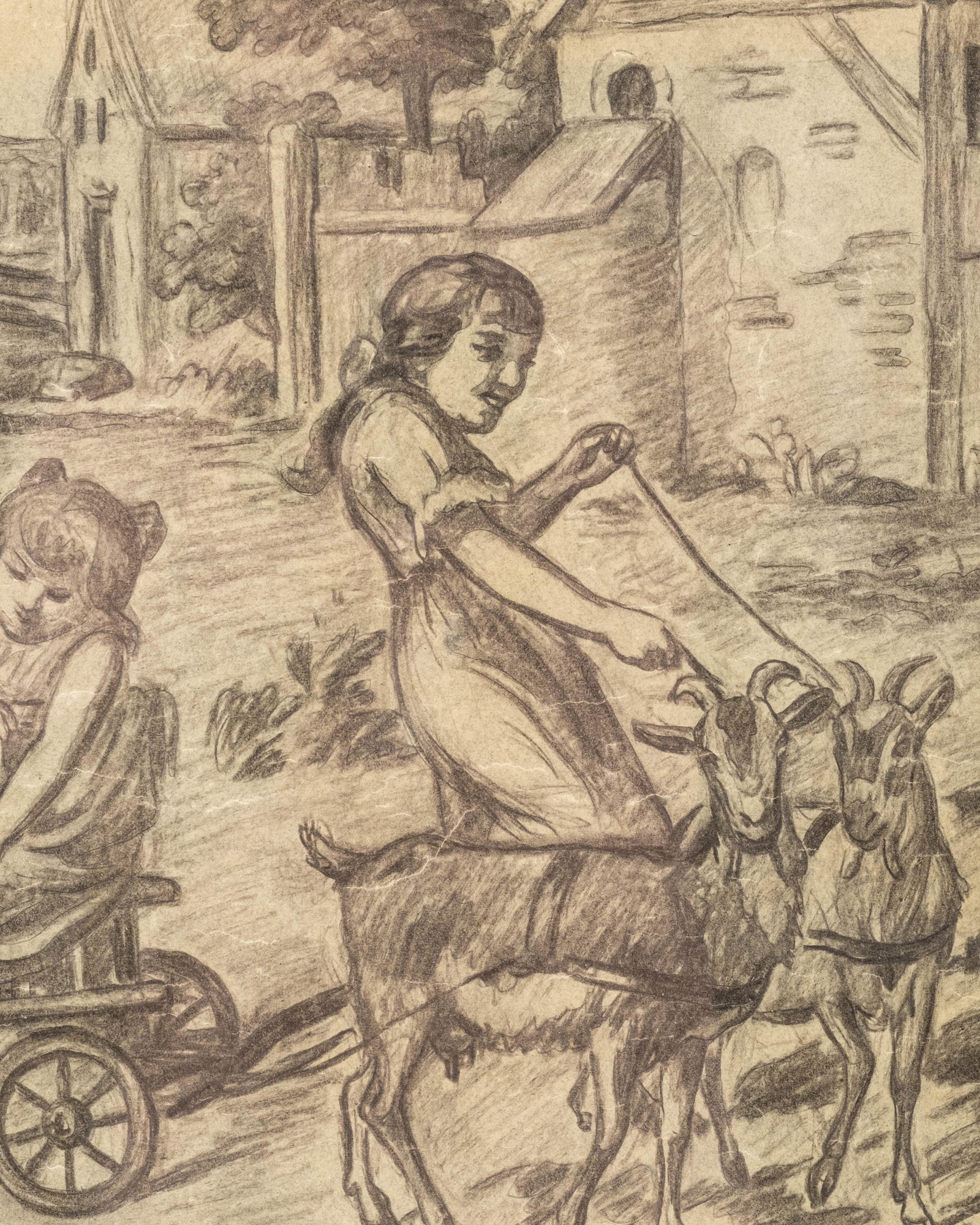 No Reserve: Circa 1900 Children With Goat-Drawn Cart Pencil Drawing, no signature found - 6