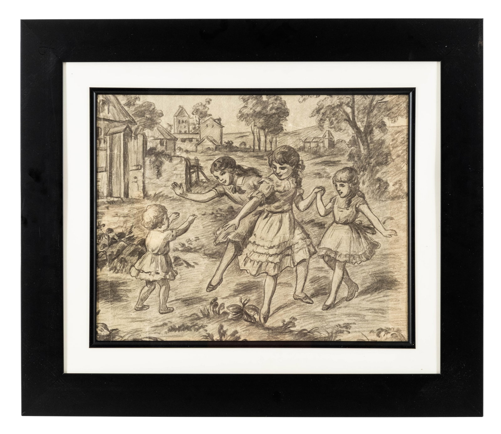 No Reserve: Circa 1900 Children Dancing in Pastoral Landscape Pencil Drawing (1 of 7)