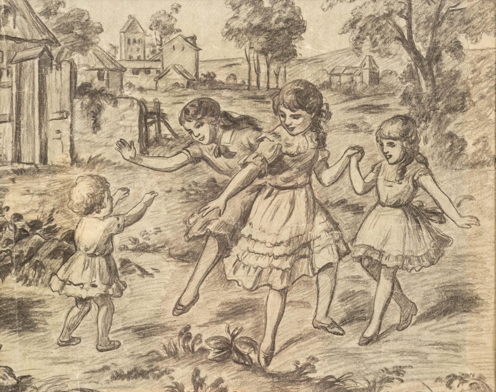 No Reserve: Circa 1900 Children Dancing in Pastoral Landscape Pencil Drawing - 2