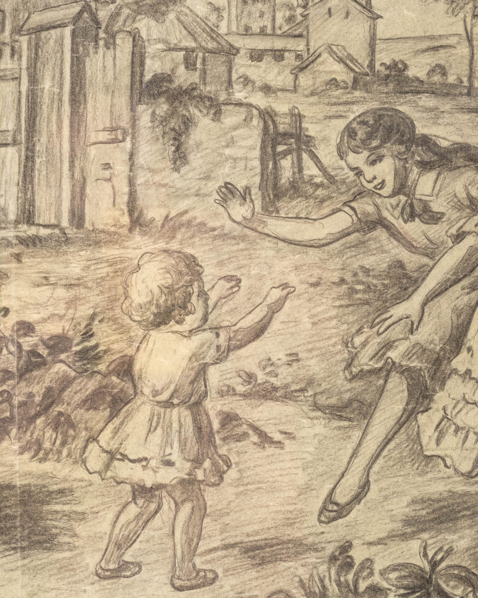 No Reserve: Circa 1900 Children Dancing in Pastoral Landscape Pencil Drawing - 4