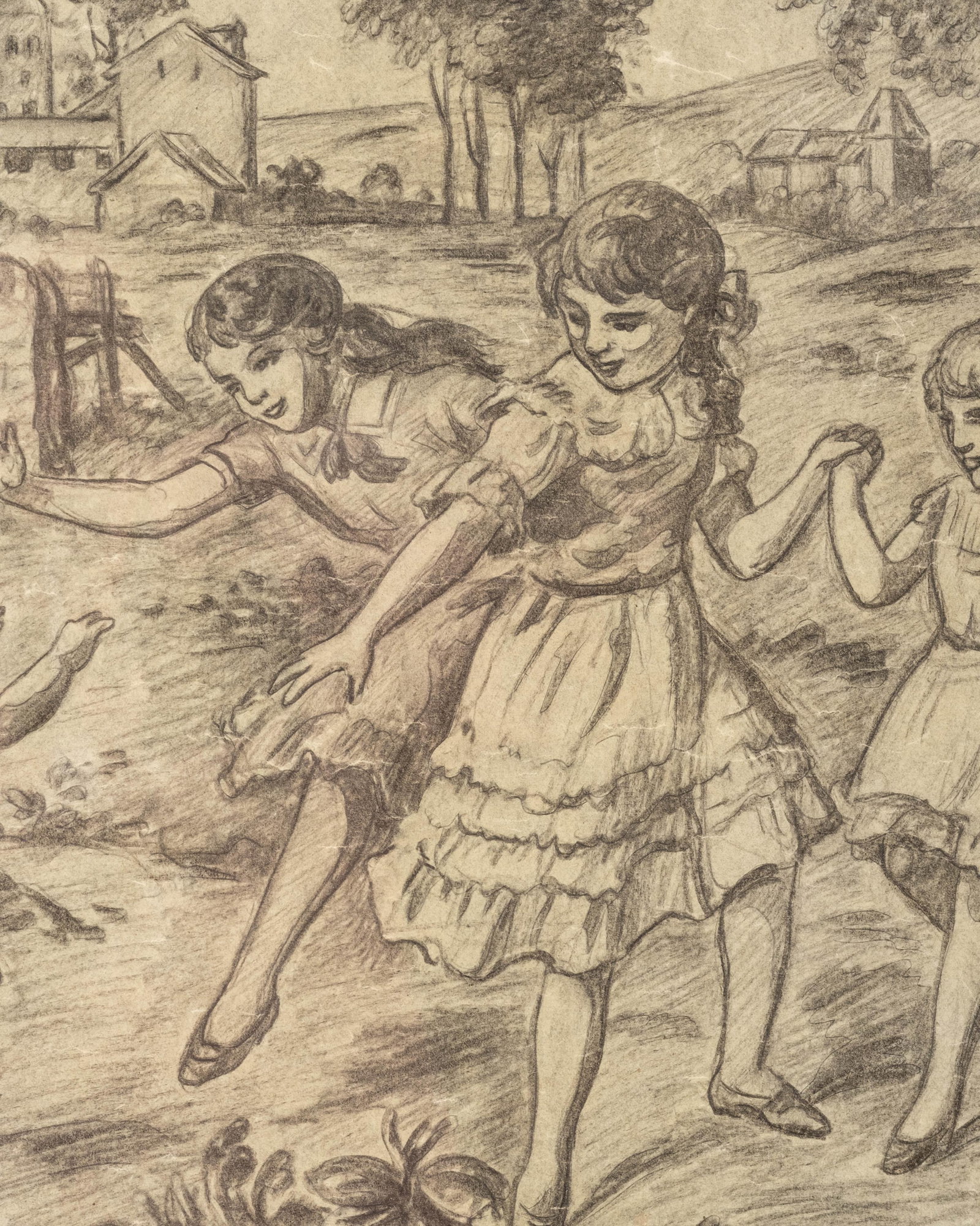 No Reserve: Circa 1900 Children Dancing in Pastoral Landscape Pencil Drawing - 5