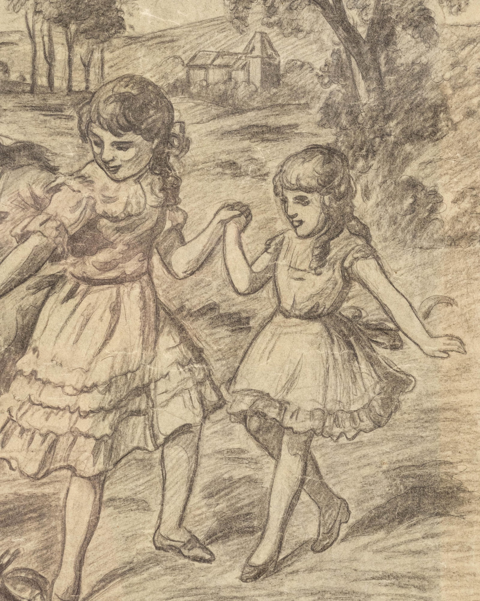 No Reserve: Circa 1900 Children Dancing in Pastoral Landscape Pencil Drawing - 6