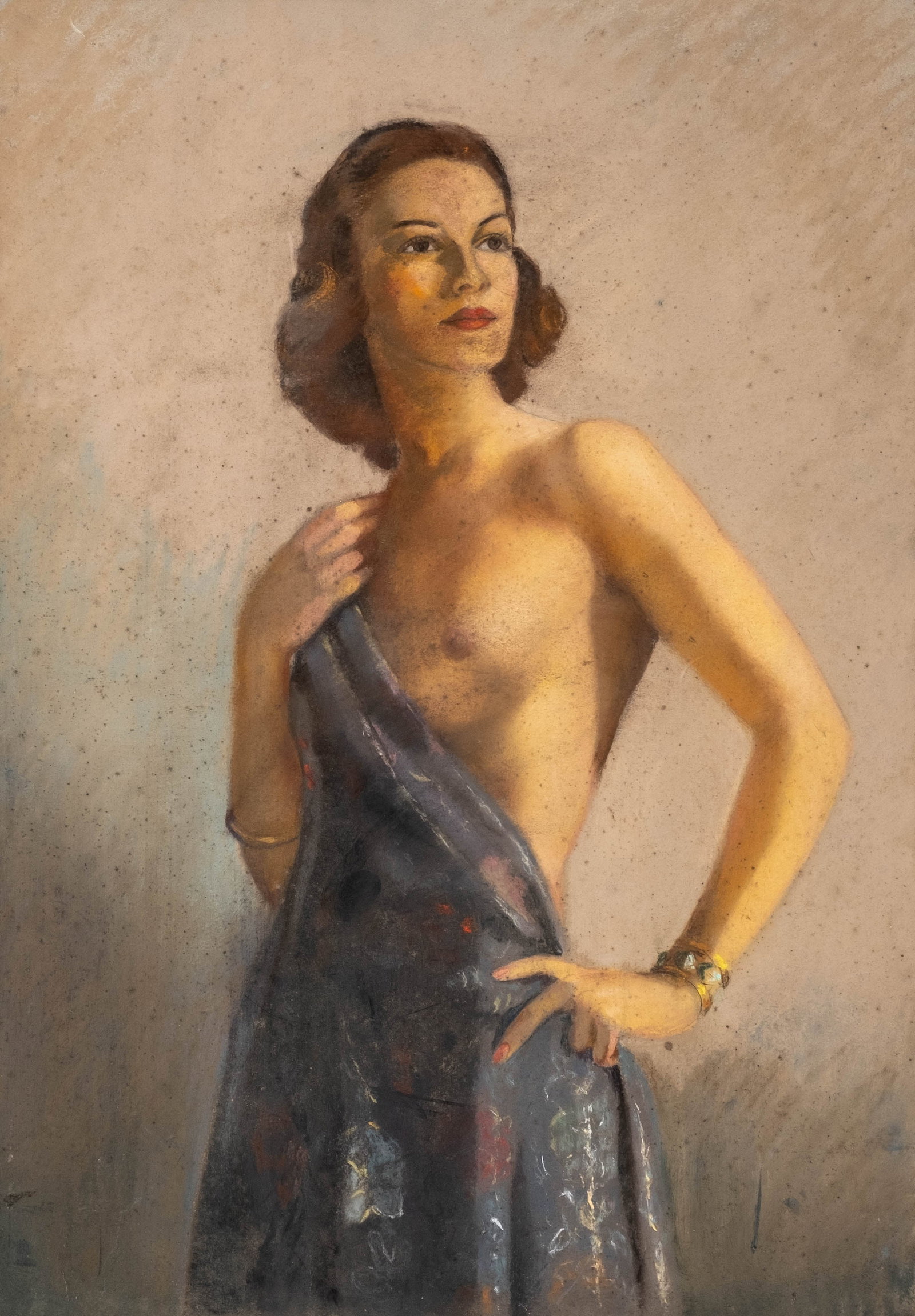 Raymond Van Doren 'Woman with Brocade' Pastel Painting, Labeled: Keywords: American Artist, Female Figure, Figurative Art, Woman, Brocade, Pastel, Portrait, Art Deco Era, 20th Century, Fashion, Draped Figure, Works on Paper Summary: Raymond Van Doren (1906-1991), �