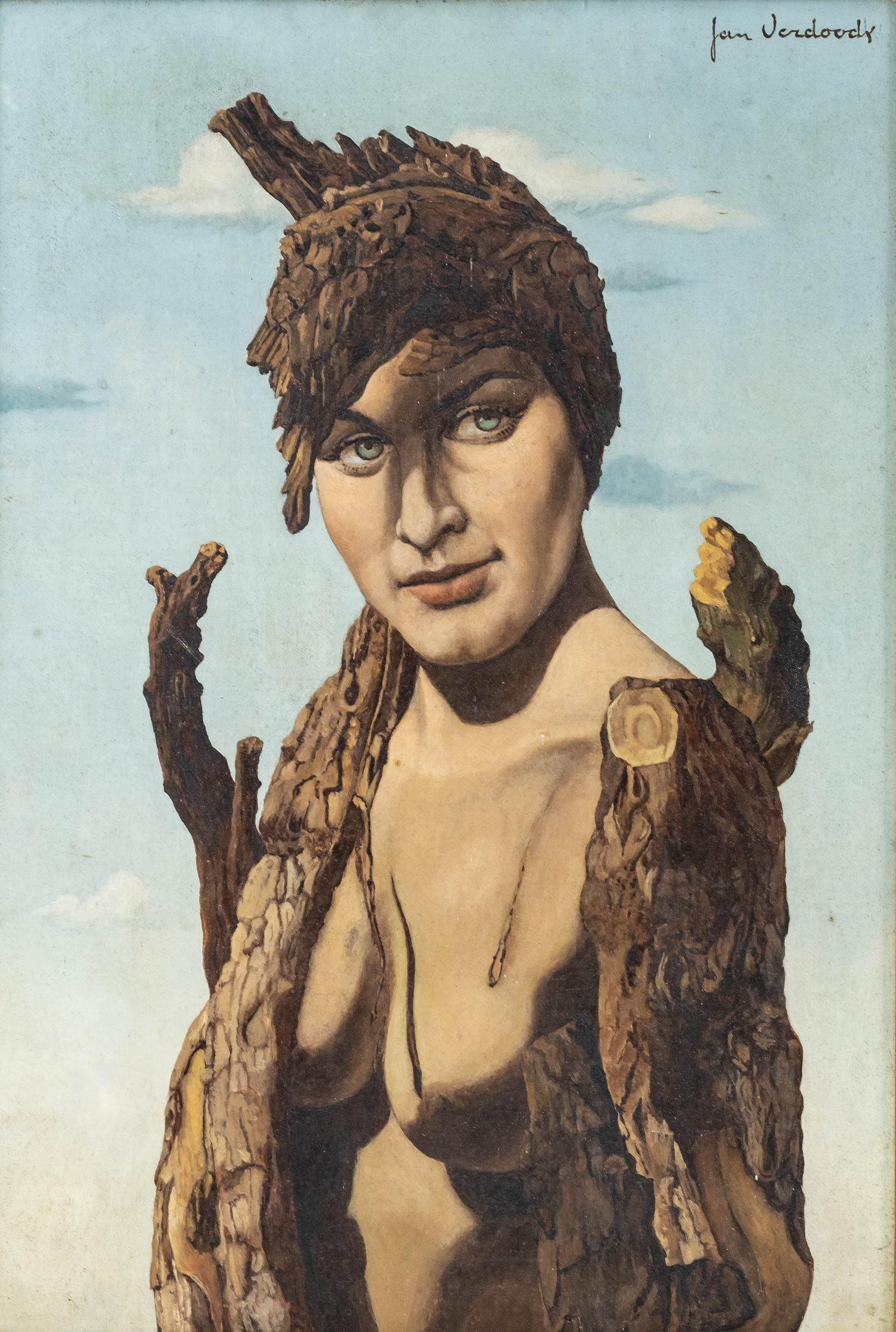 Jan Verdoot Signed 'Metamorphosis' Surrealist Oil Painting: Keywords: Surrealism, Belgian Art, Female Figure, Metamorphosis, Figurative Art, Woman, Tree Figure, Wood Grain, Fantasy, Symbolism, Modern Art, 20th Century, Surrealist Painting Summary: Jan Verdoot,