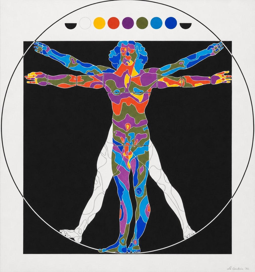No Reserve: Landais Signed 1970 Pop Art 'Vitruvian Man' Acrylic Painting: Keywords: Pop Art, Contemporary Art, Figurative Art, Leonardo Da Vinci, Vitruvian Man, Psychedelic Art, Geometric Art, Modern Art, Color Study, 1970s Summary: Landais, contemporary interpretation of L