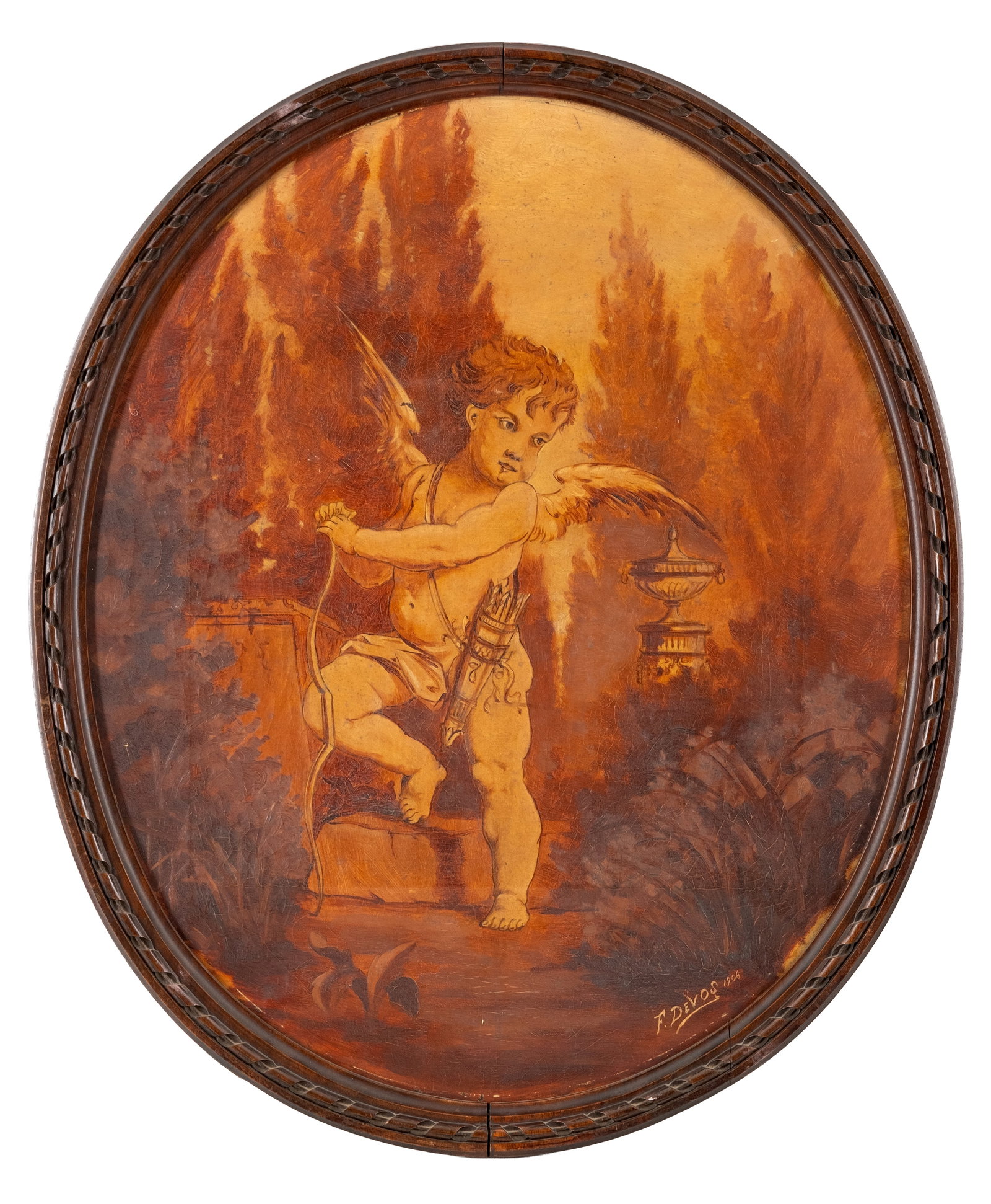 No Reserve: F. Devos Signed 1906 'Cupid' Oil on Canvas Painting: Keywords: Symbolist, Mythological, Cupid, Eros, Putto, Allegorical, Classical, Figurative, Early 20th Century, Antique, Winged Figure Summary: F. Devos, early 20th century oil on canvas painting depic