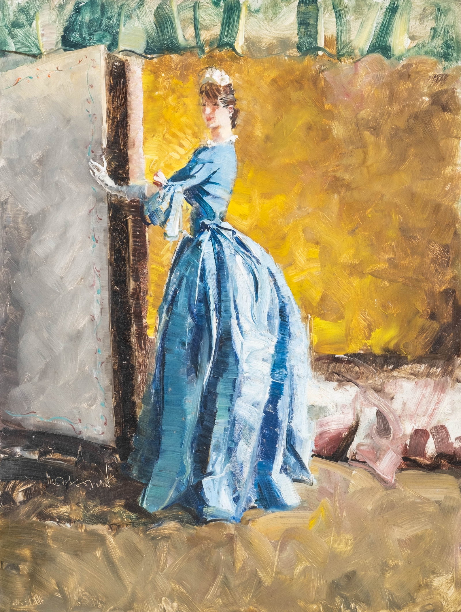 Armand Massonet Signed 'The Elegant In Blue' Oil Painting: Keywords: Belgian Art, Figurative Art, Female Figure, Woman In Blue, Elegant Woman, Modern European Art, Impressionist Style, 20th Century Art Summary: Armand Massonet (Belgian, 1892–1979), ‘The E