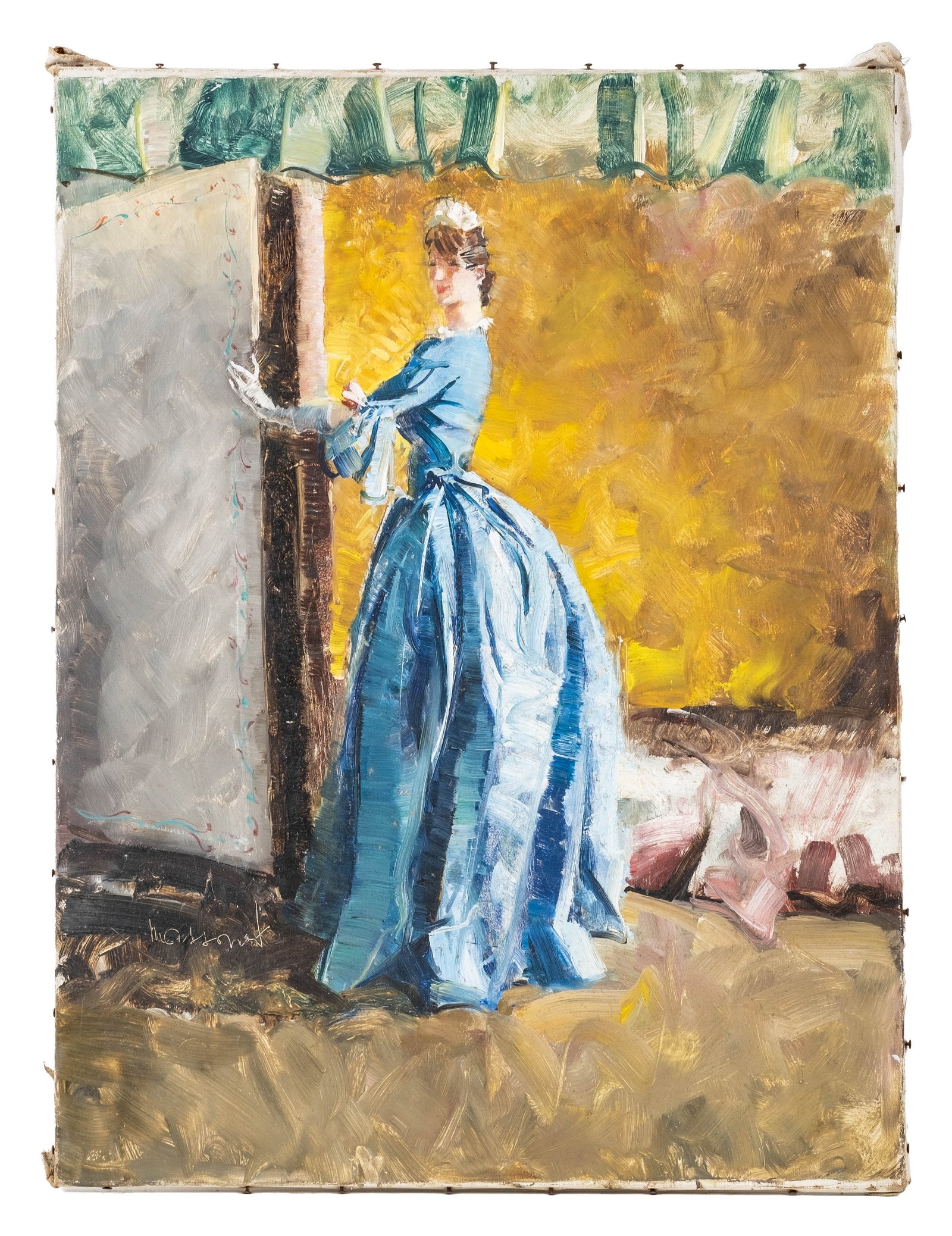 Armand Massonet Signed 'The Elegant In Blue' Oil Painting - 4