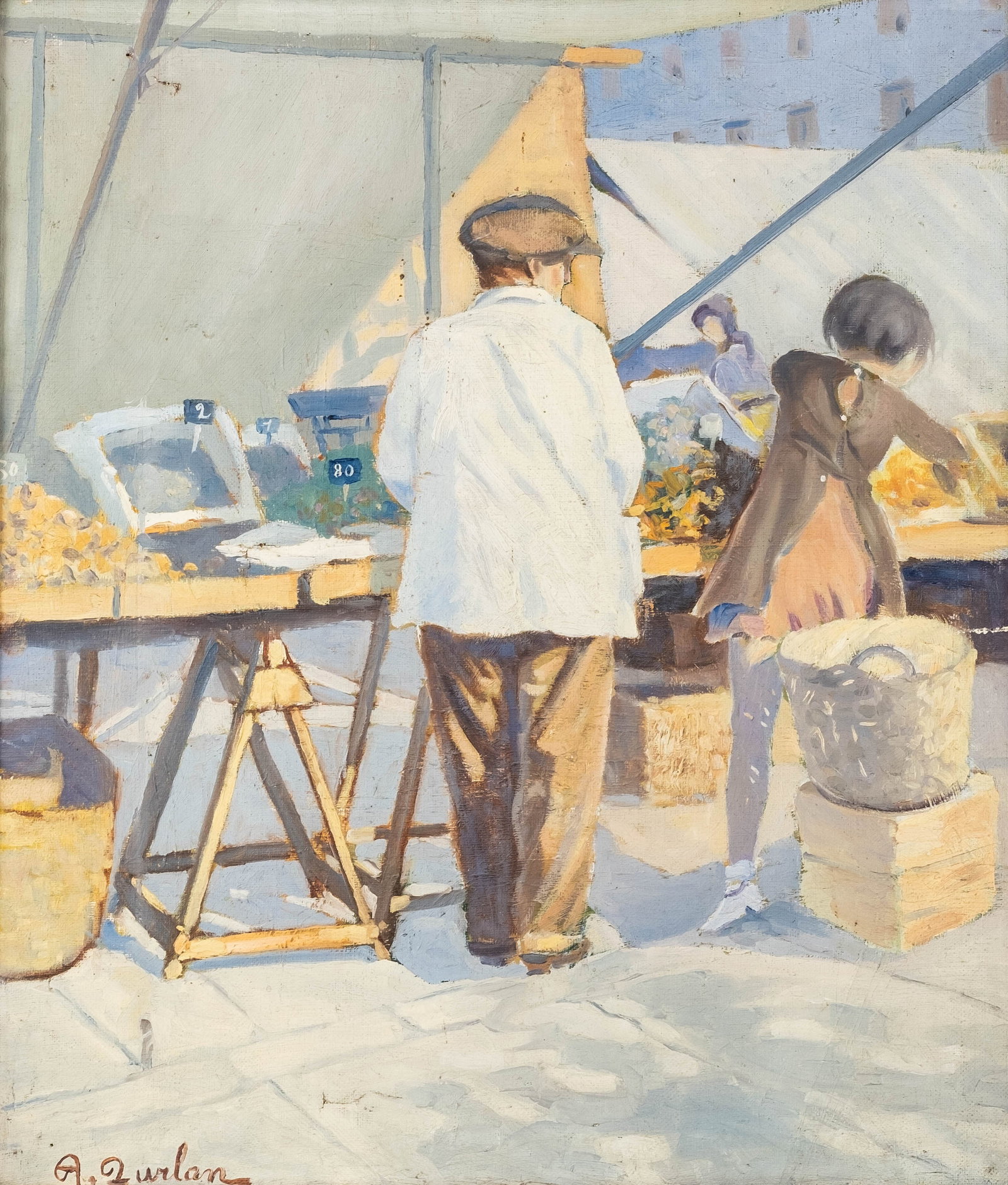 No Reserve: A. Furlan Signed European Market Scene Oil Painting (1 of 8)