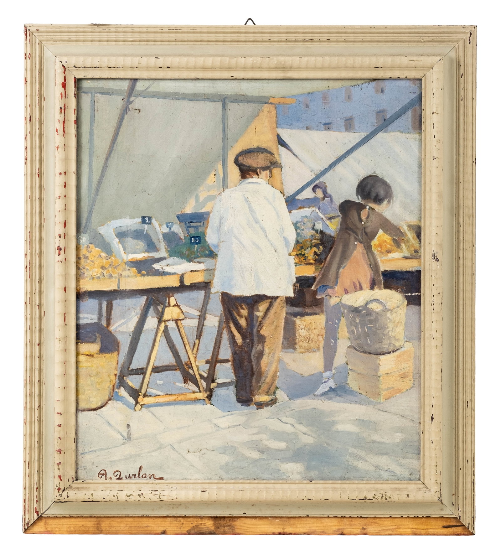No Reserve: A. Furlan Signed European Market Scene Oil Painting - 3